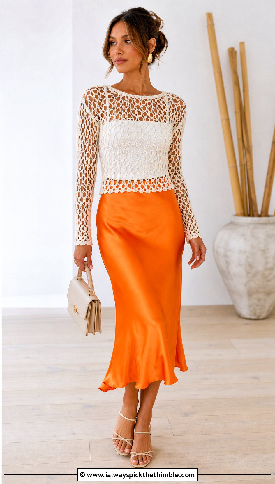 White Mesh Crochet Top With Satin Midi Skirt - 15 white crochet top on wooden floor outfit ideas