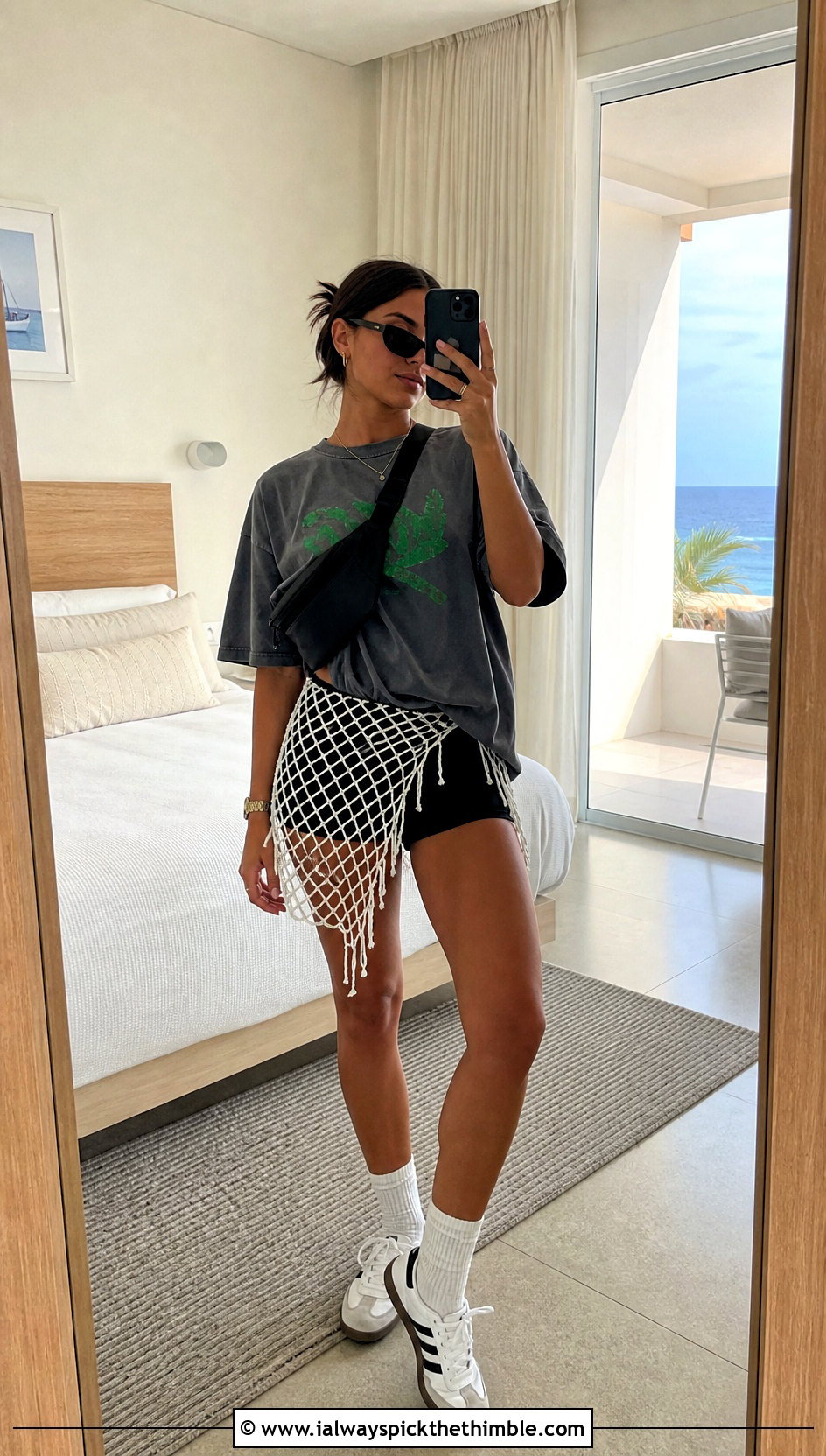 White Mini Chain Mesh Crochet Sarong With Graphic Tee - 15 White Crochet Sarong outfit ideas
