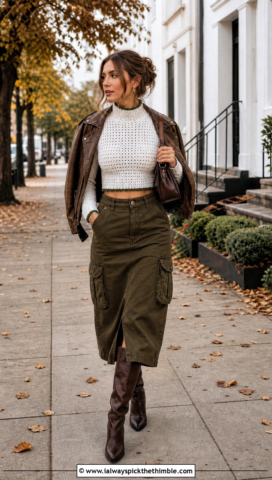 White Mock Neck Crochet Crop Top With Cargo Midi Skirt - 20 white crochet crop top outfit ideas