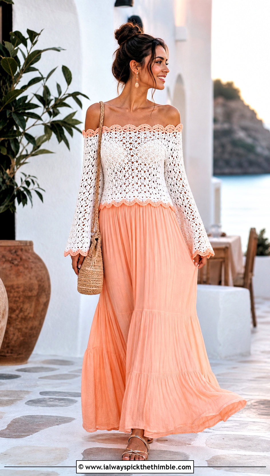 White Off Shoulder Crochet Sweater With Maxi Skirt - 25 crochet white sweater outfit ideas
