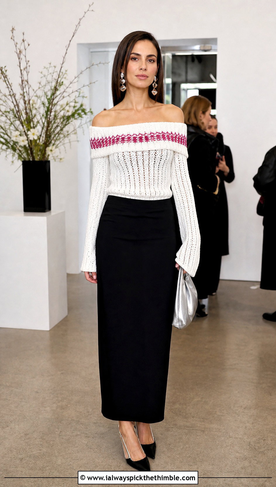 White Off Shoulder Crochet Sweater With Tailored Maxi Skirt - 25 white crochet sweater outfit ideas