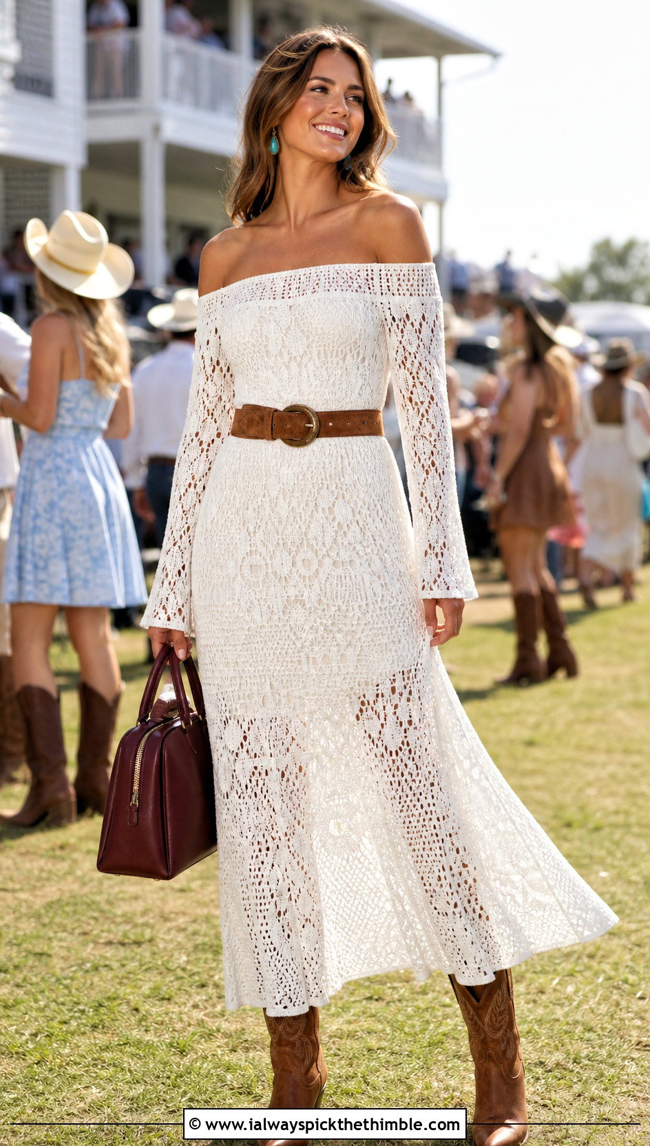White Off Shoulder Long Crochet Dress With Cowboy Boots - 20 white long crochet dress outfit ideas