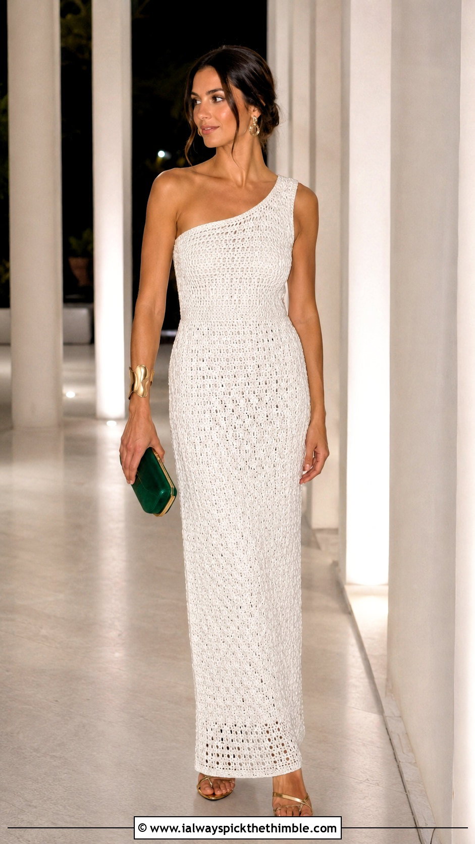 White One Shoulder Crochet Column Dress With Metallic Heels - 25 white crochet dress outfit ideas