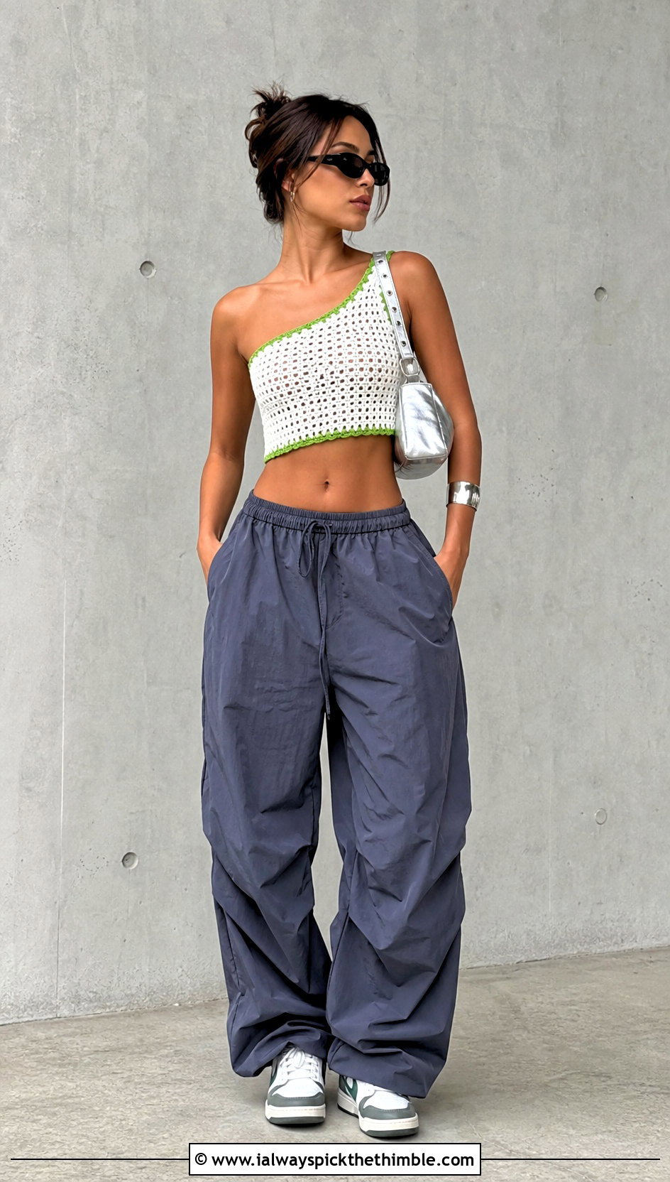 White One Shoulder Crochet Crop Top With Parachute Pants - 20 white crochet crop top outfit ideas
