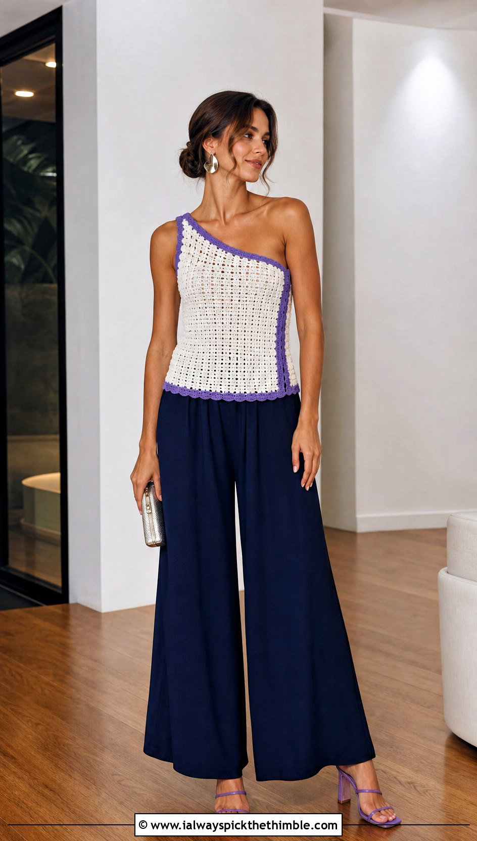 White One Shoulder Crochet Top With Palazzo Pants - 15 white crochet top on wooden floor outfit ideas
