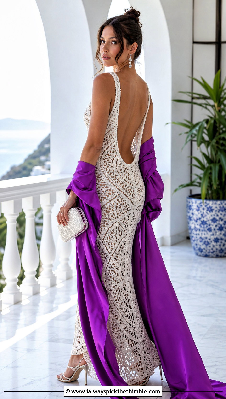 White Open Back Long Crochet Dress With Satin Duster - 20 white long crochet dress outfit ideas