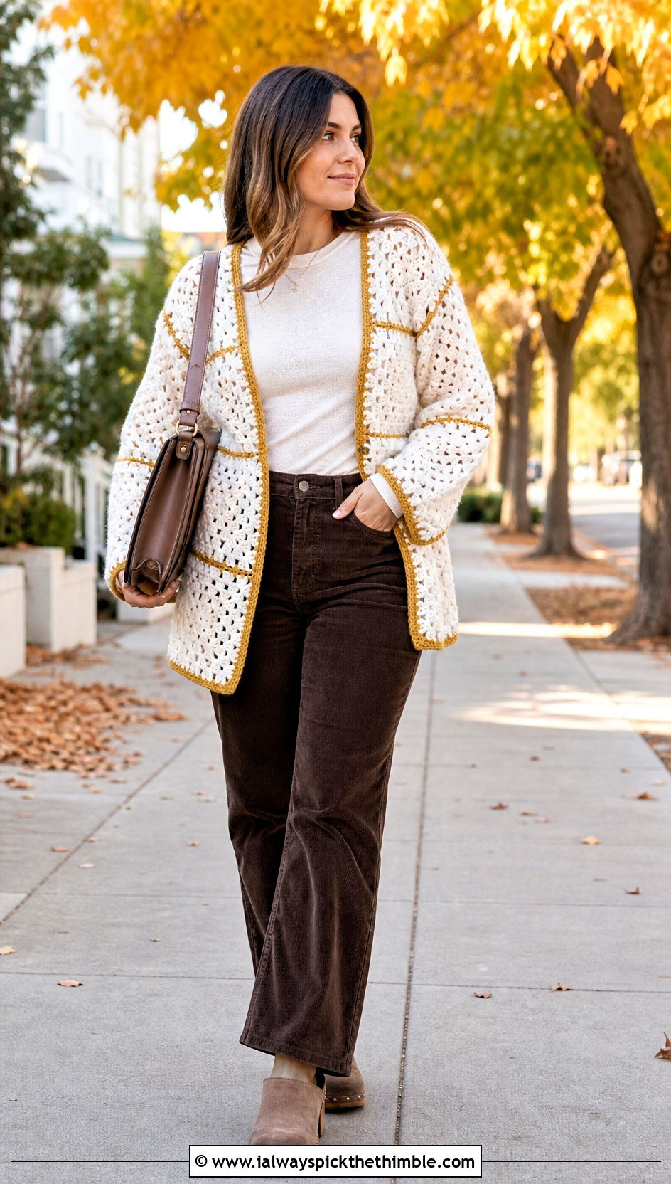 White Patchwork Crochet Cardigan With Corduroy Pants - 25 White Crochet Cardigan Outfit ideas