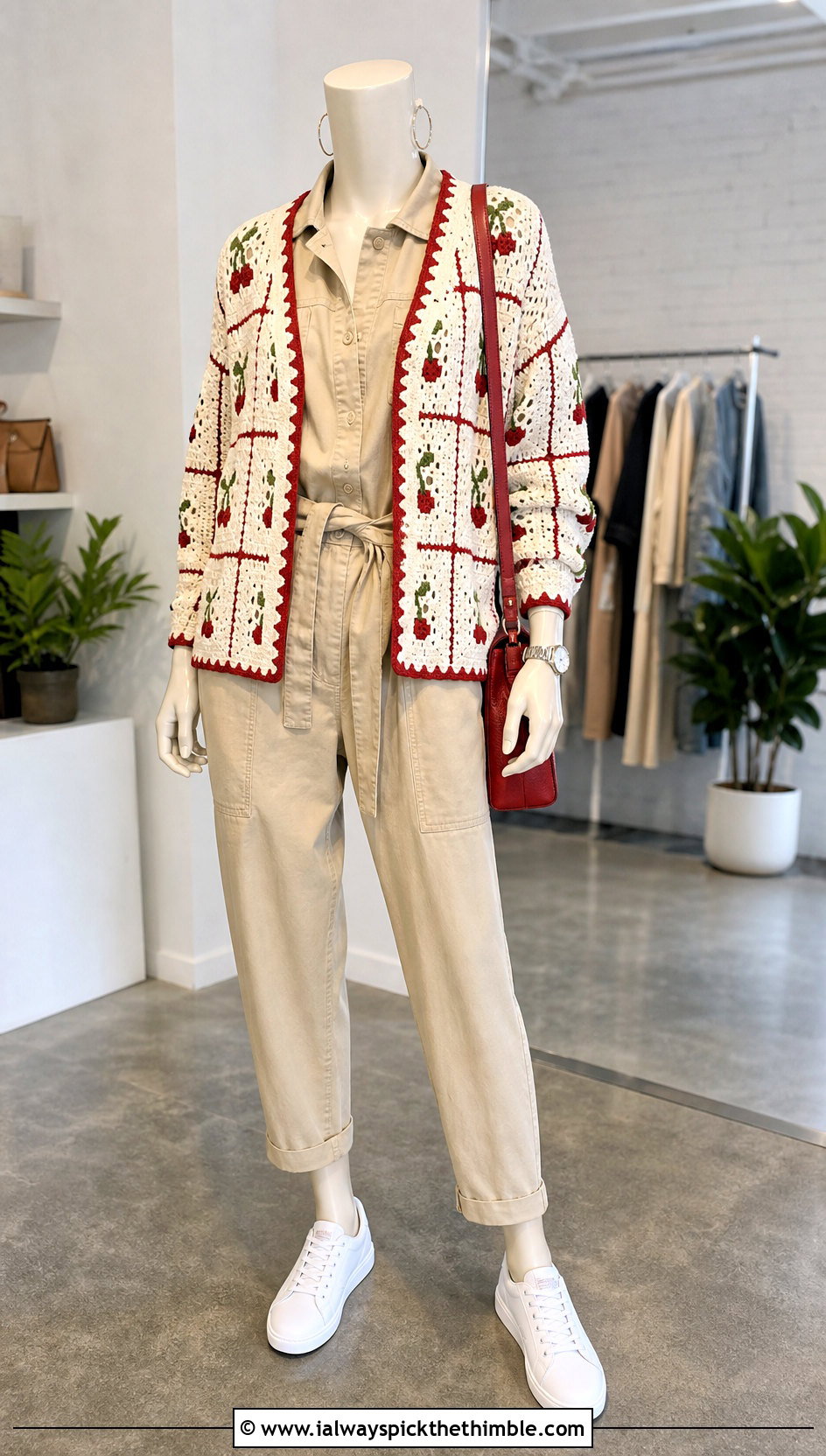 White Patchwork Crochet Cardigan With Utility Jumpsuit - 15 White Crochet Cardigan On Mannequin outfit ideas
