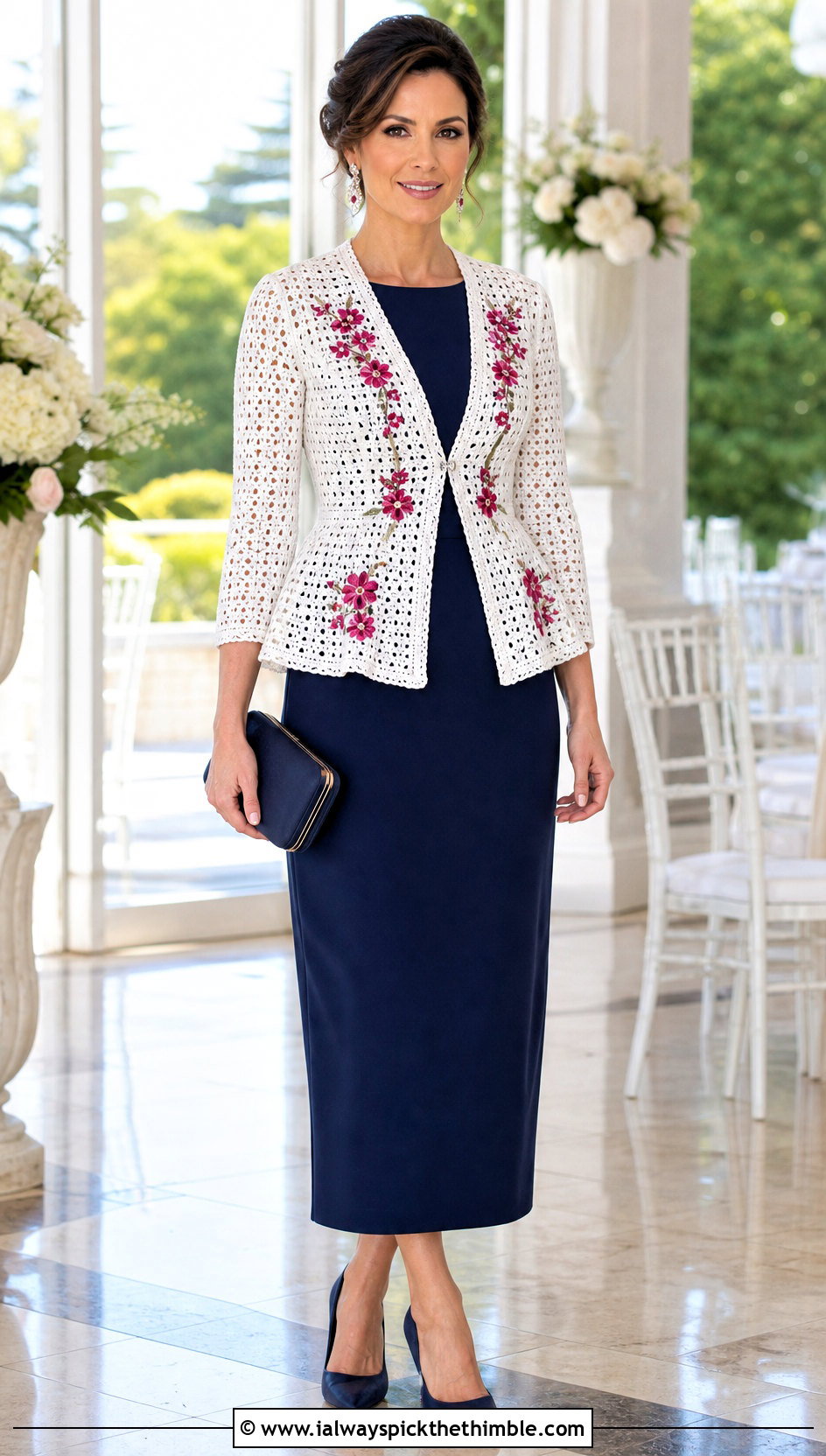 White Peplum Crochet Cardigan With Column Dress - 25 White Crochet Cardigan Outfit ideas