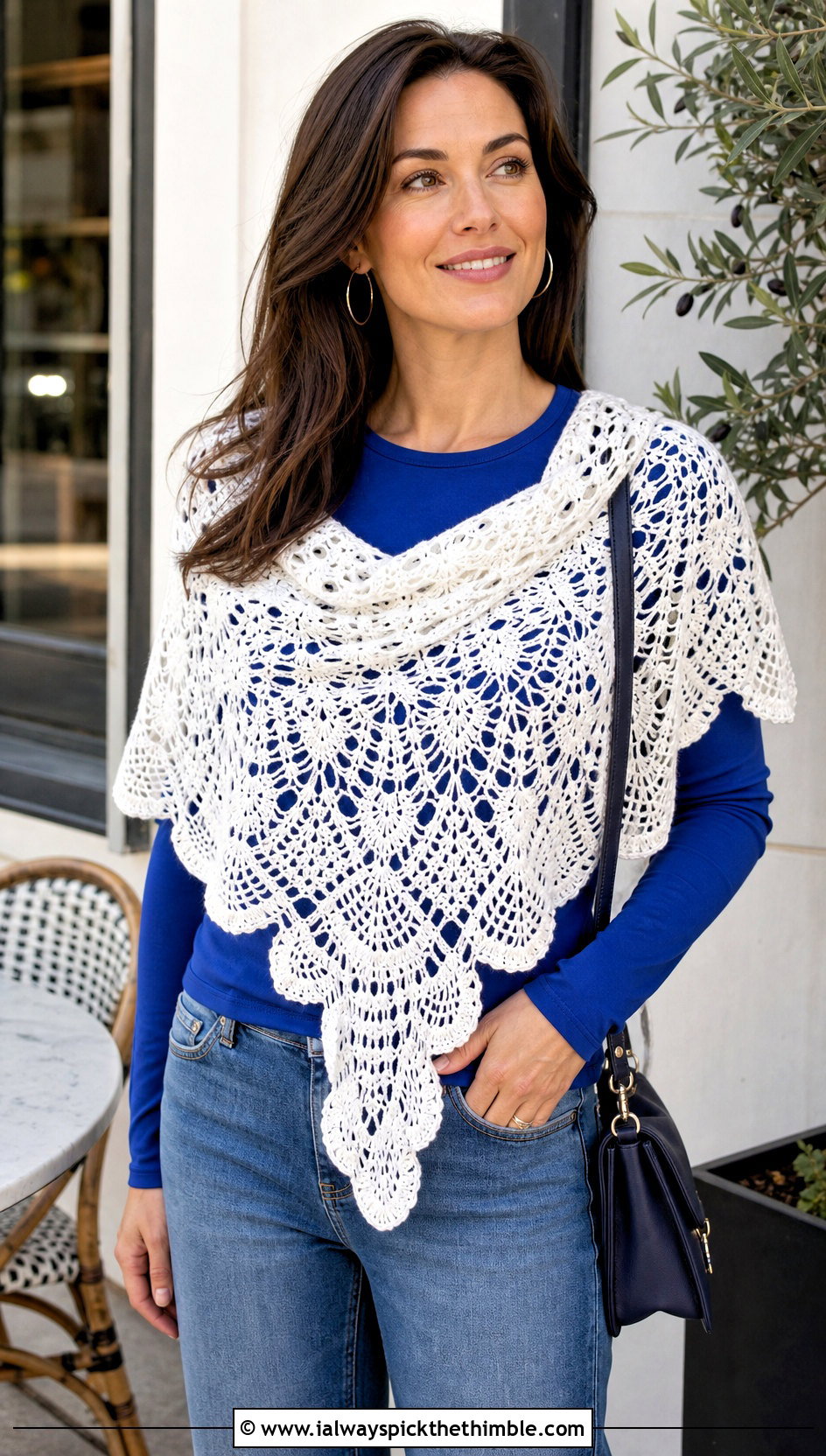 White Pineapple Lace Triangle Shawl With Straight Leg Jeans - 15 White Crocheted Shawl With Intricate outfit ideas