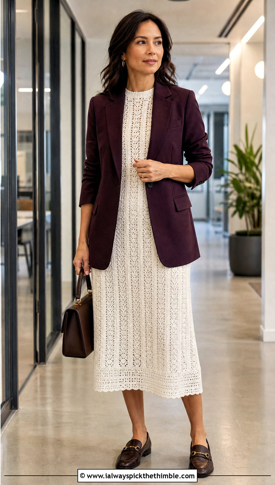 White Pointelle Crochet Midi Dress With Tailored Blazer - 25 white crochet dress outfit ideas