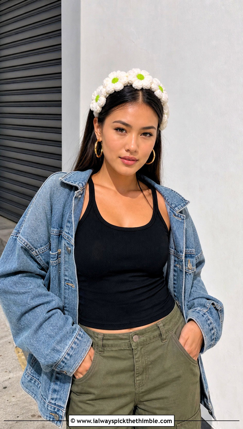 White Puff Flower Headband With Cargo Pants - 15 white crocheted flower headband outfit ideas