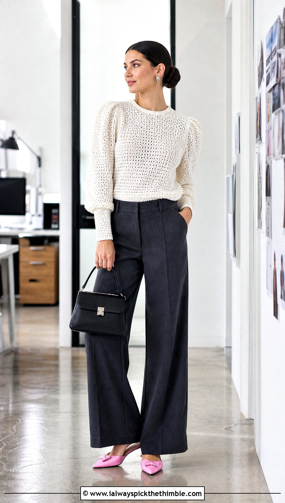 White Puff Sleeve Crochet Blouse With Wide Leg Trousers - 15 white crochet blouse design outfit ideas
