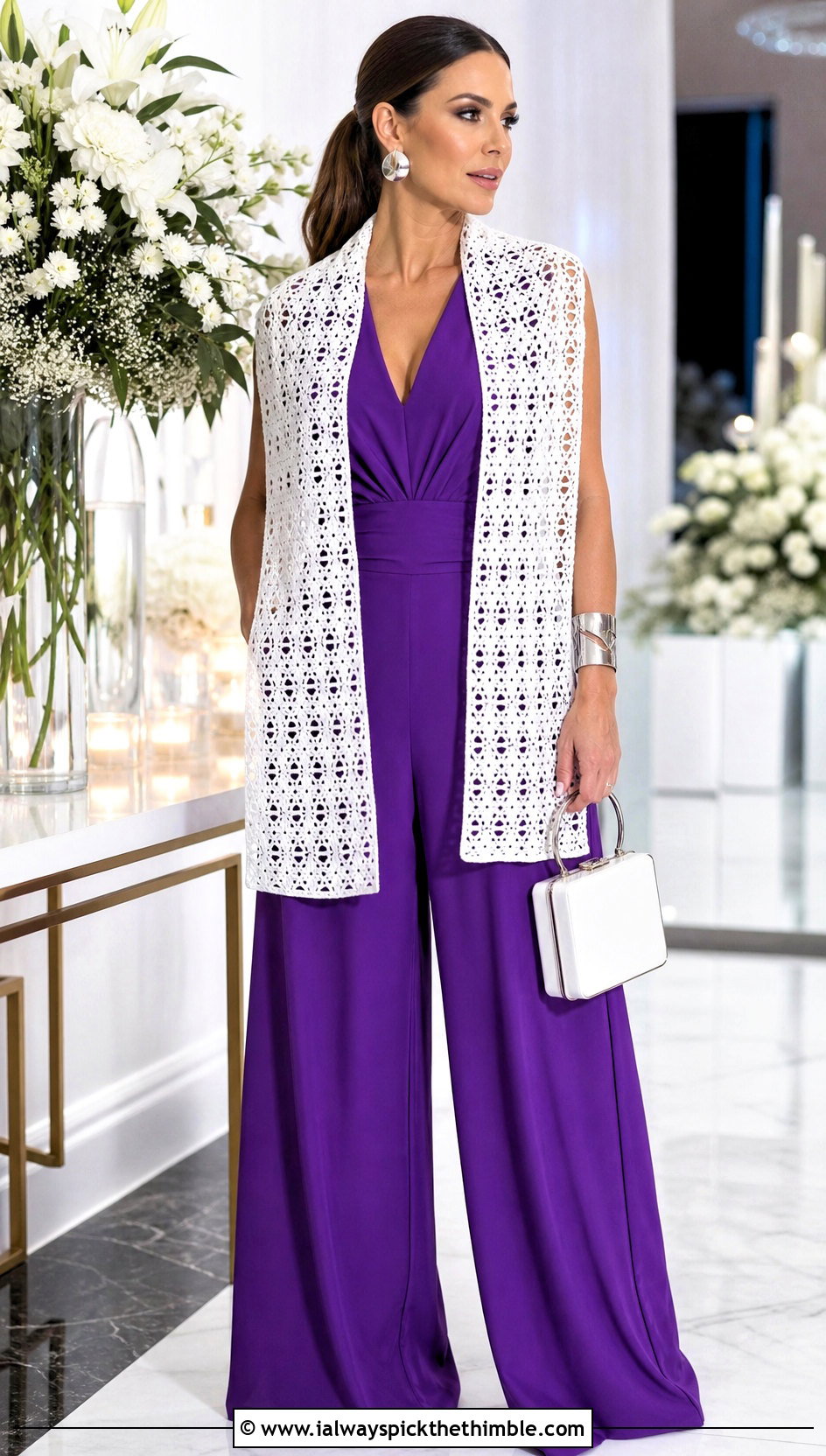 White Rectangular Lace Stole With Wide Leg Jumpsuit - 15 White Crocheted Shawl With Intricate outfit ideas