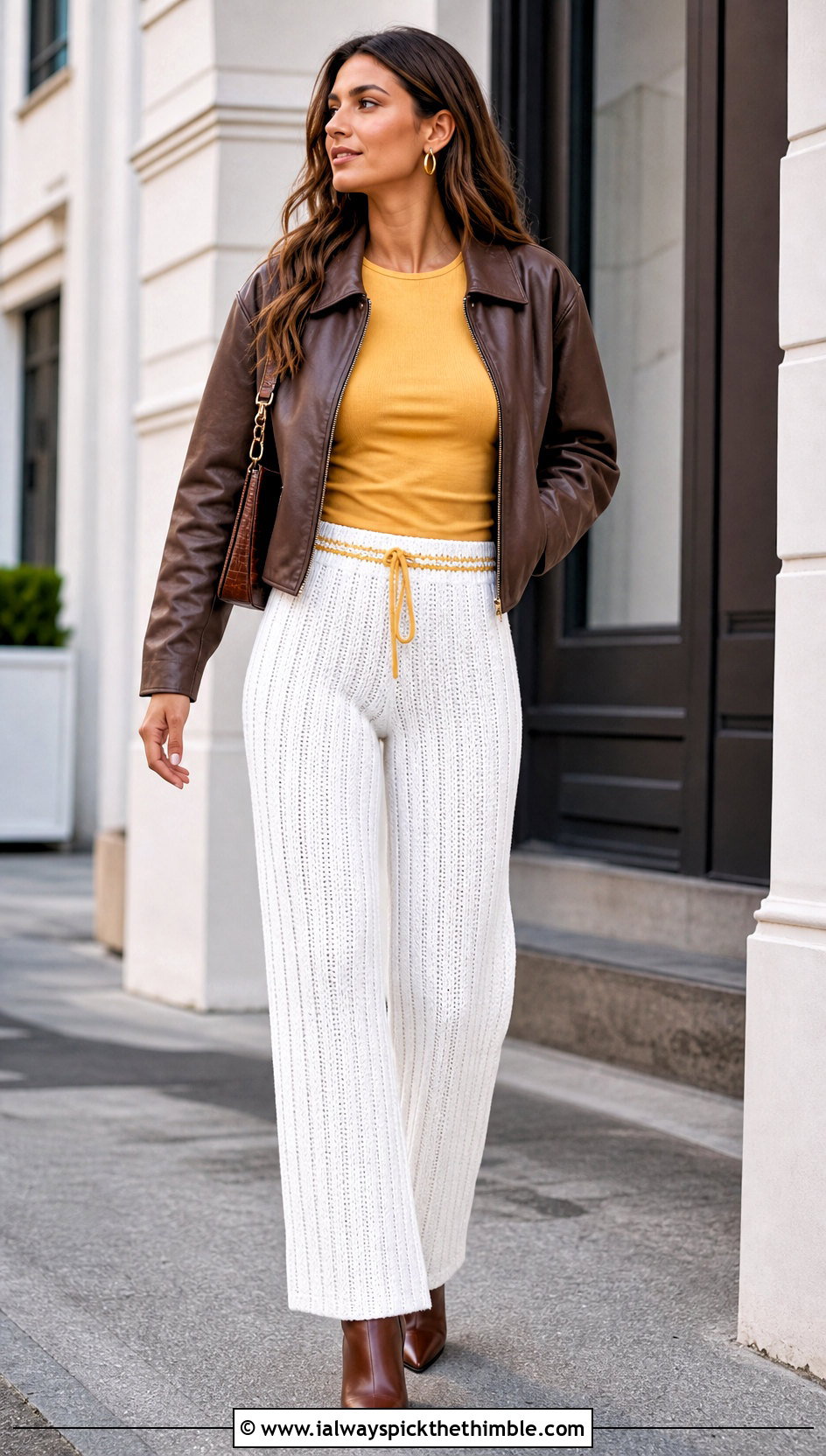 White Ribbed Stitch Crochet Pants With Leather Jacket - 25 white crochet pants outfit ideas