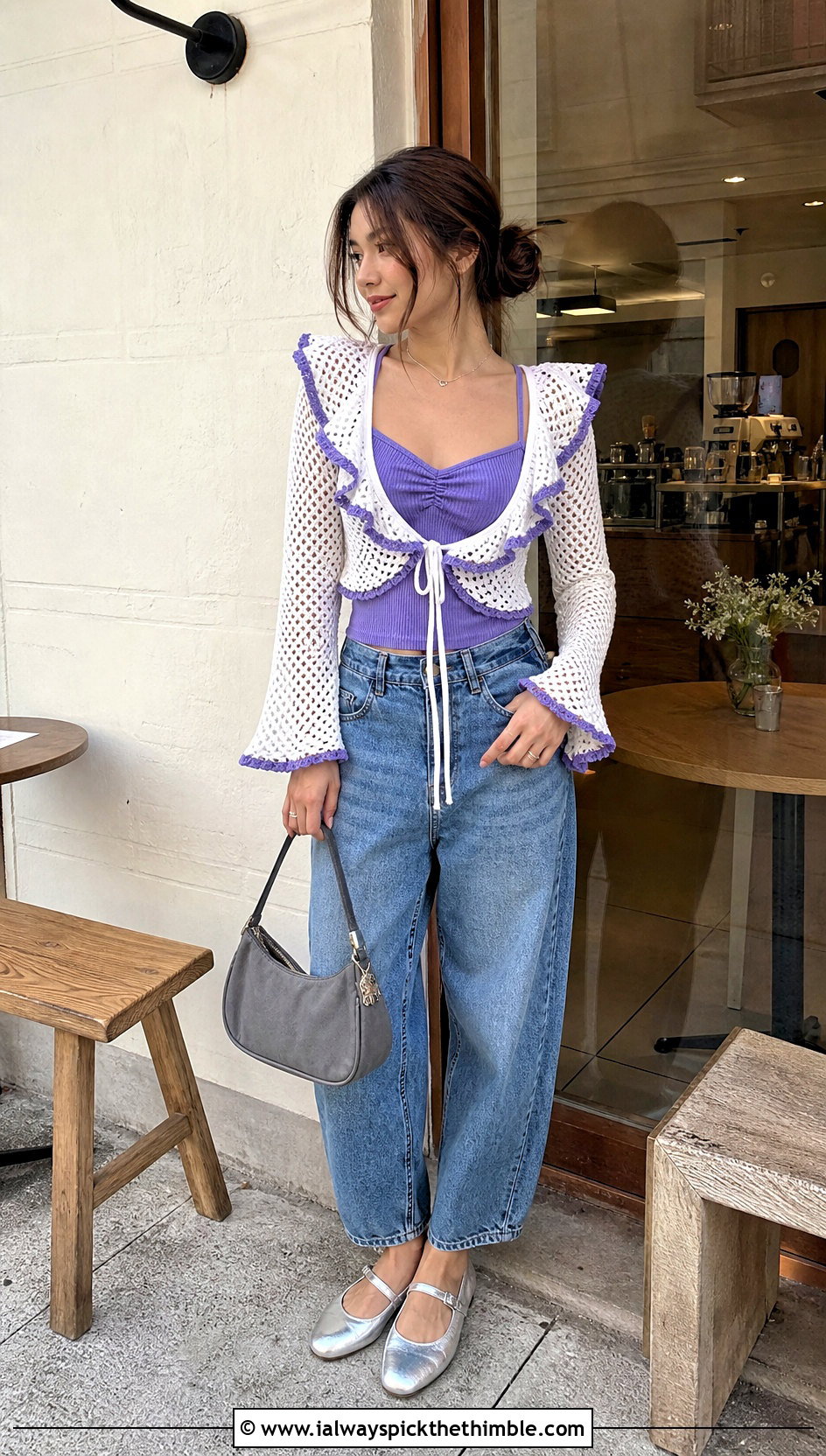White Ruffle Shoulder Crochet Shrug With Barrel Jeans - 20 White Crochet Shrug outfit ideas