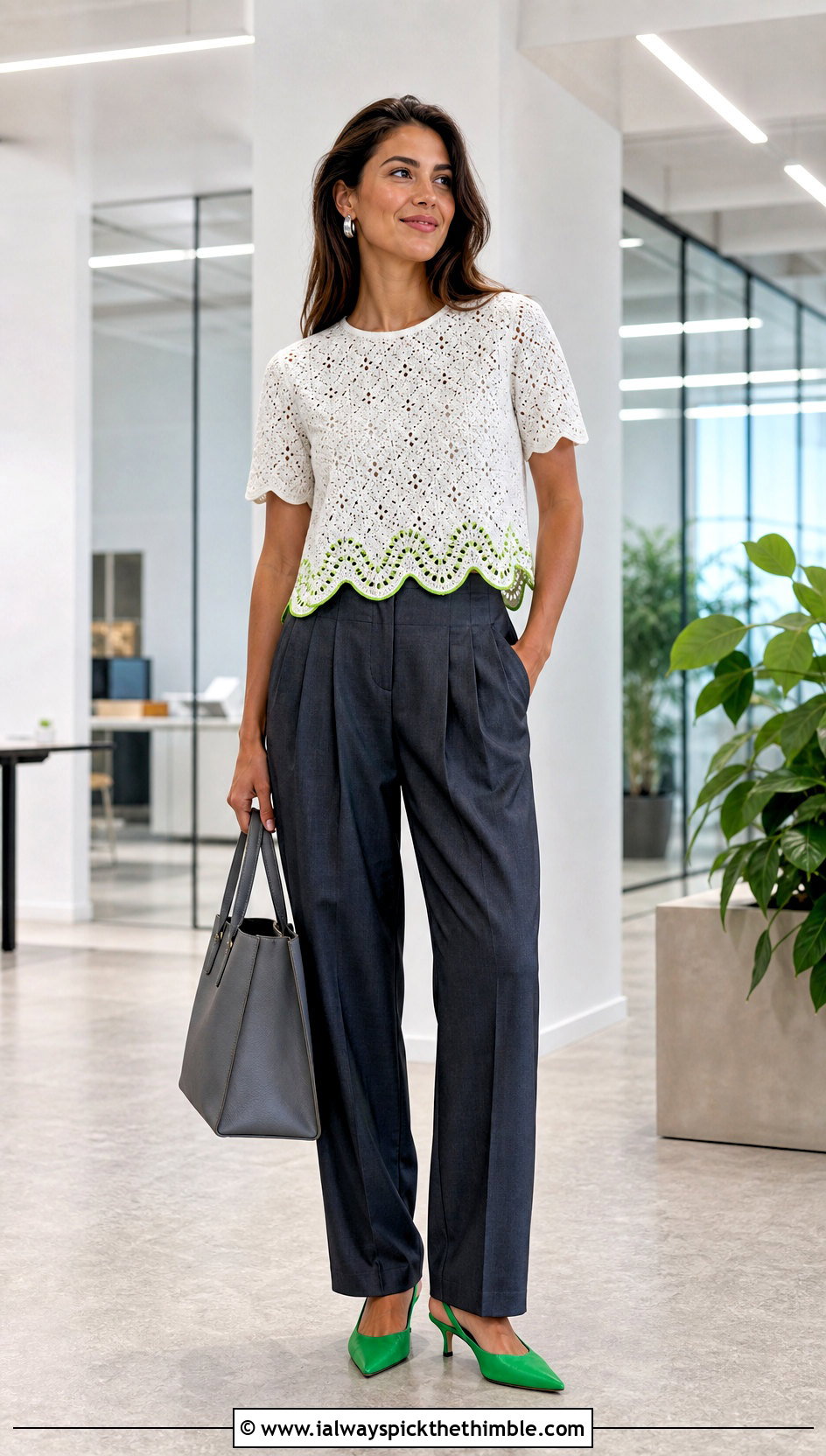 White Scalloped Crochet Blouse With Pleated Trousers - 15 white crochet blouse outfit ideas