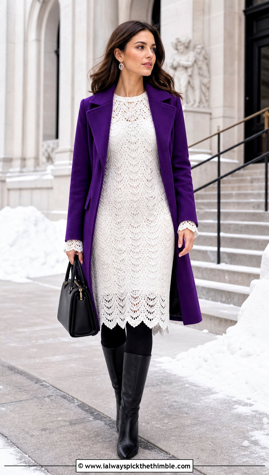 White Scalloped Crochet Lace Dress With Colorful Coat - 15 white lace crochet dress outfit ideas
