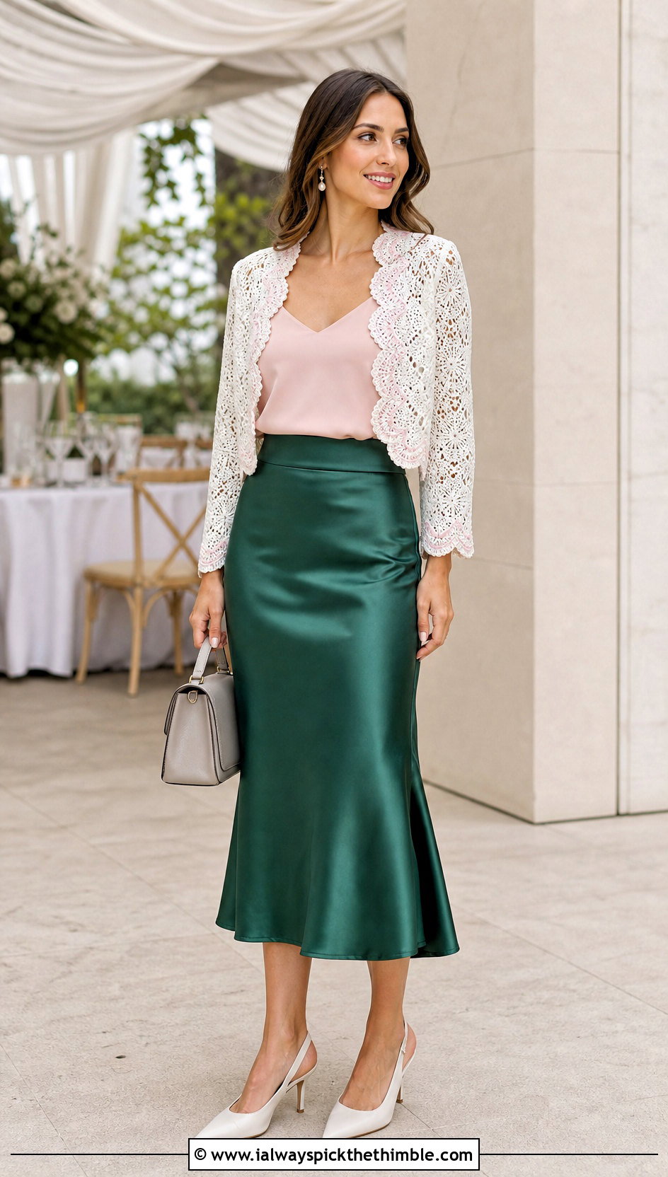 White Scalloped Lace Shrug With Satin Midi Skirt - 20 White Crochet Shrug outfit ideas