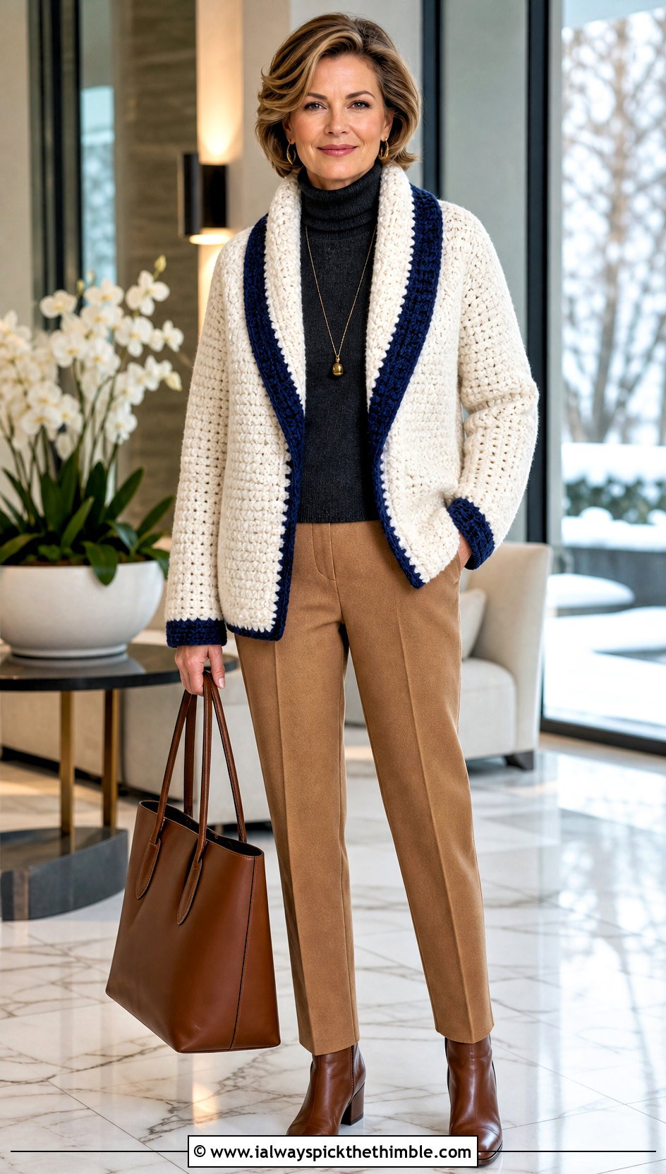 White Shawl Collar Crochet Cardigan With Wool Trousers - 25 White Crochet Cardigan Outfit ideas