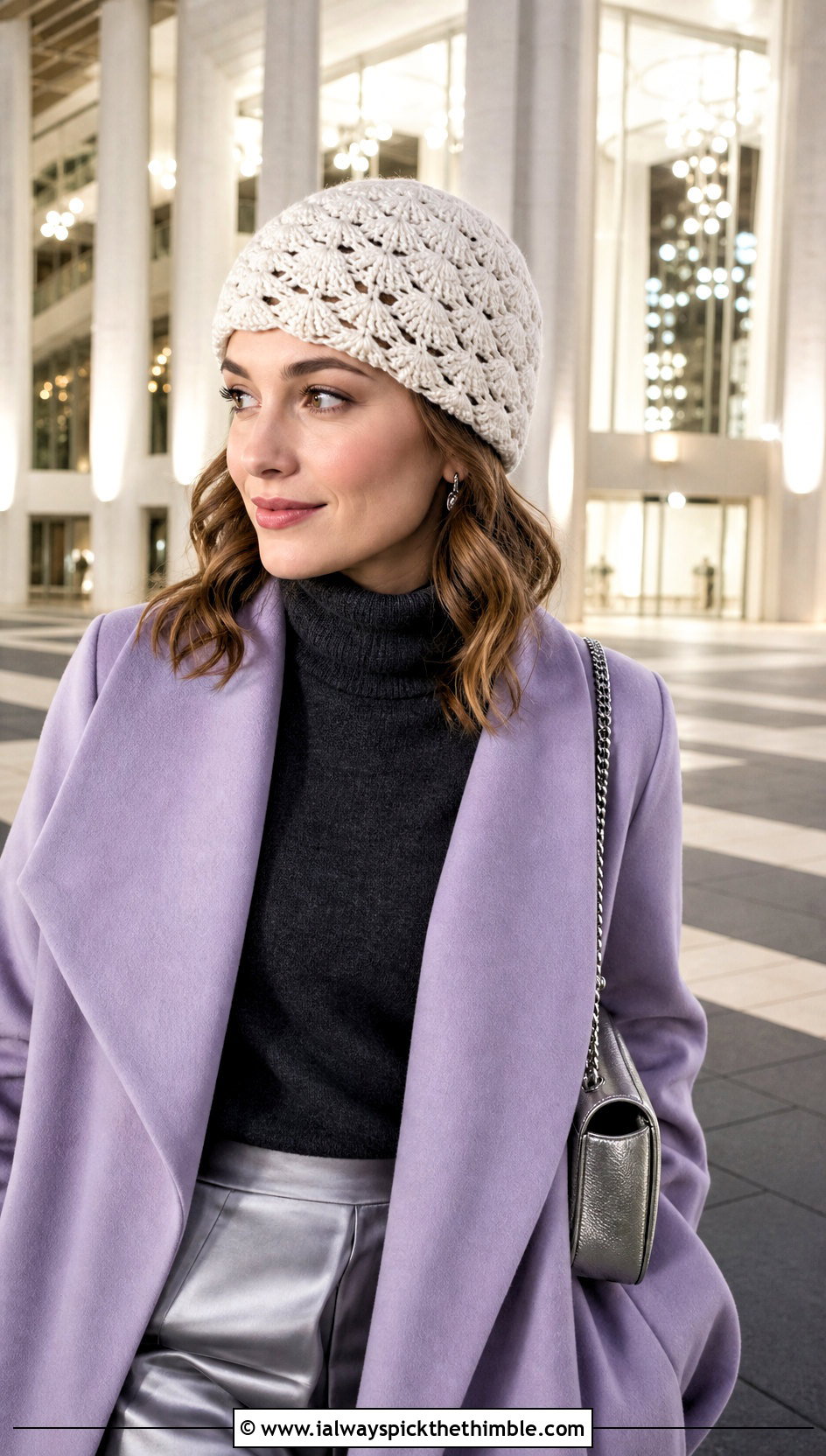 White Shell Stitch Crochet Beanie With Wrap Coat And Satin Pants - 25 white crochet beanie outfit ideas
