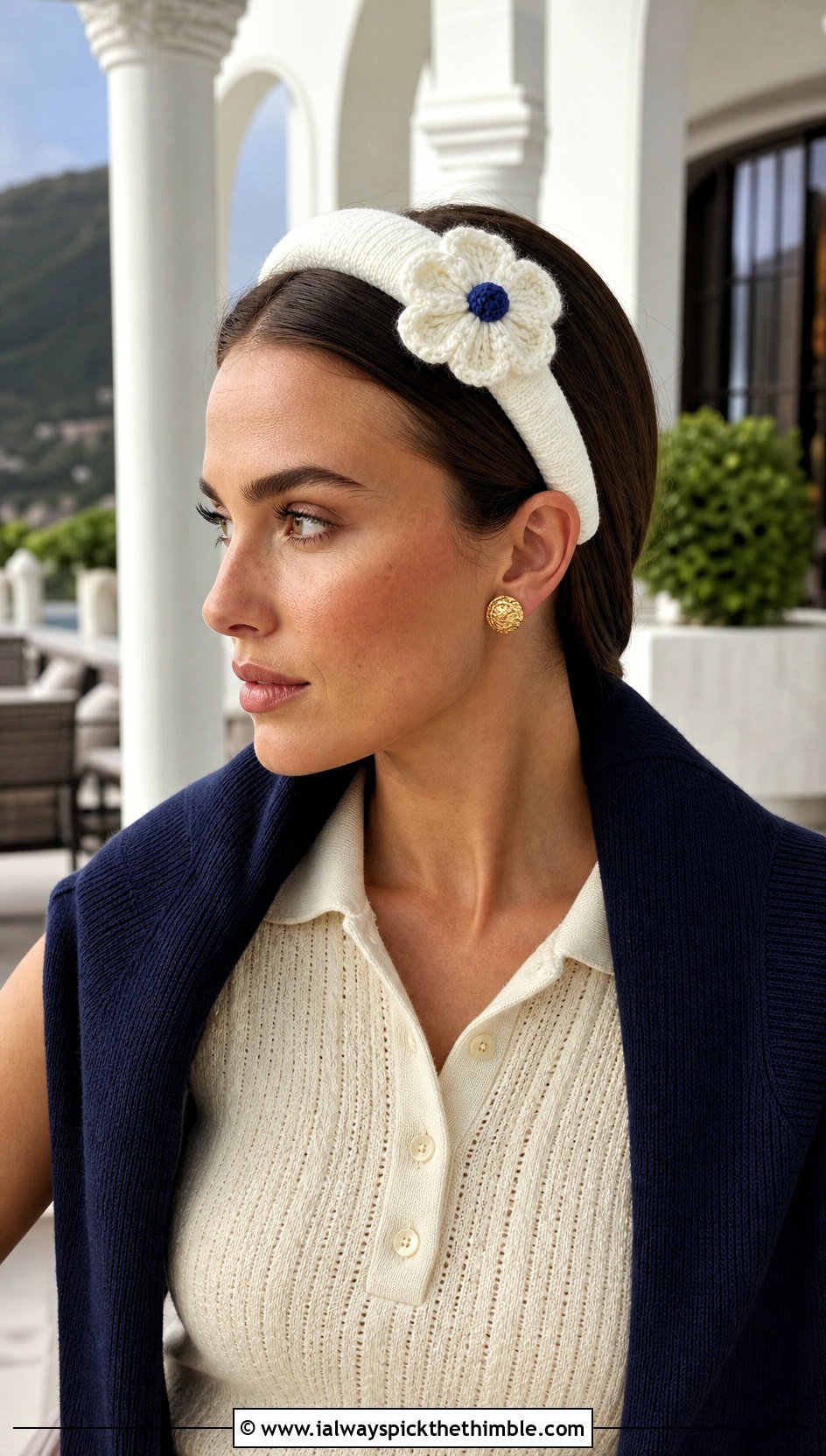 White Single Bloom Padded Headband With Old Money Outfit - 15 white crocheted flower headband outfit ideas