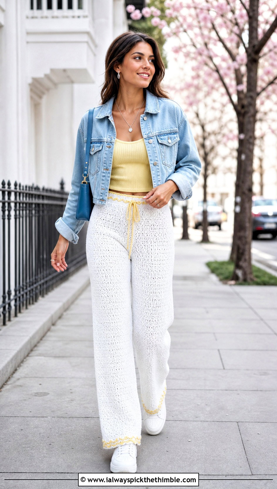 White Straight Leg Crochet Trousers With Denim Jacket - 20 White Crochet Trousers outfit ideas
