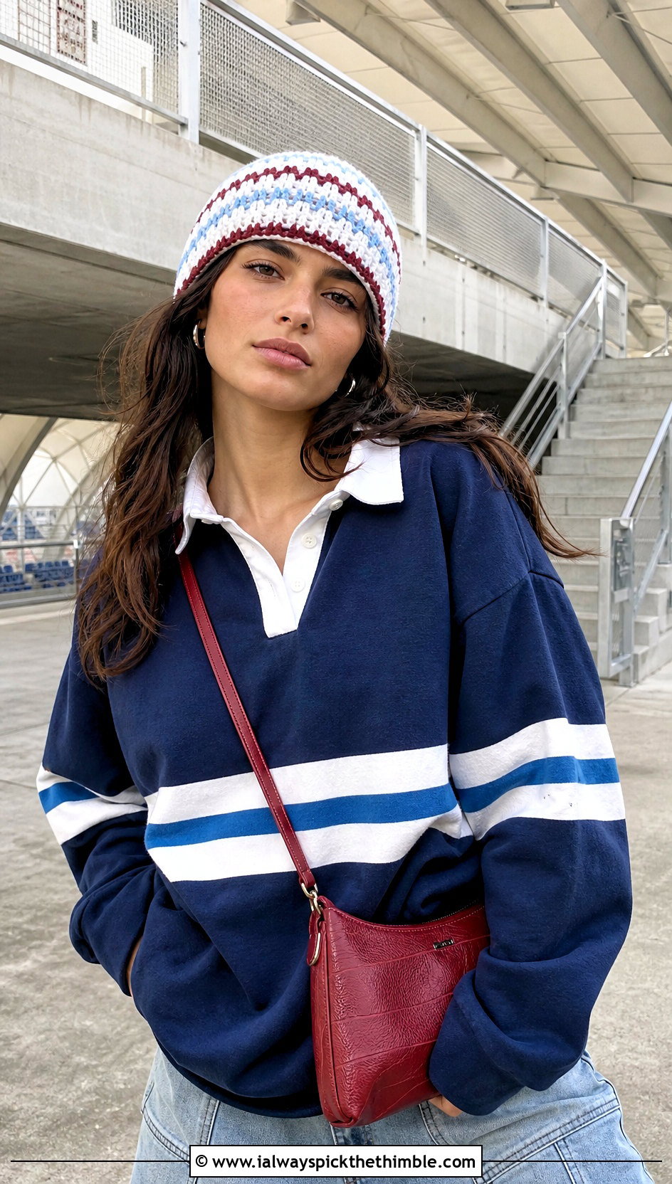 White Striped Crochet Beanie With Rugby Shirt And Carpenter Jeans - 25 white crochet beanie outfit ideas