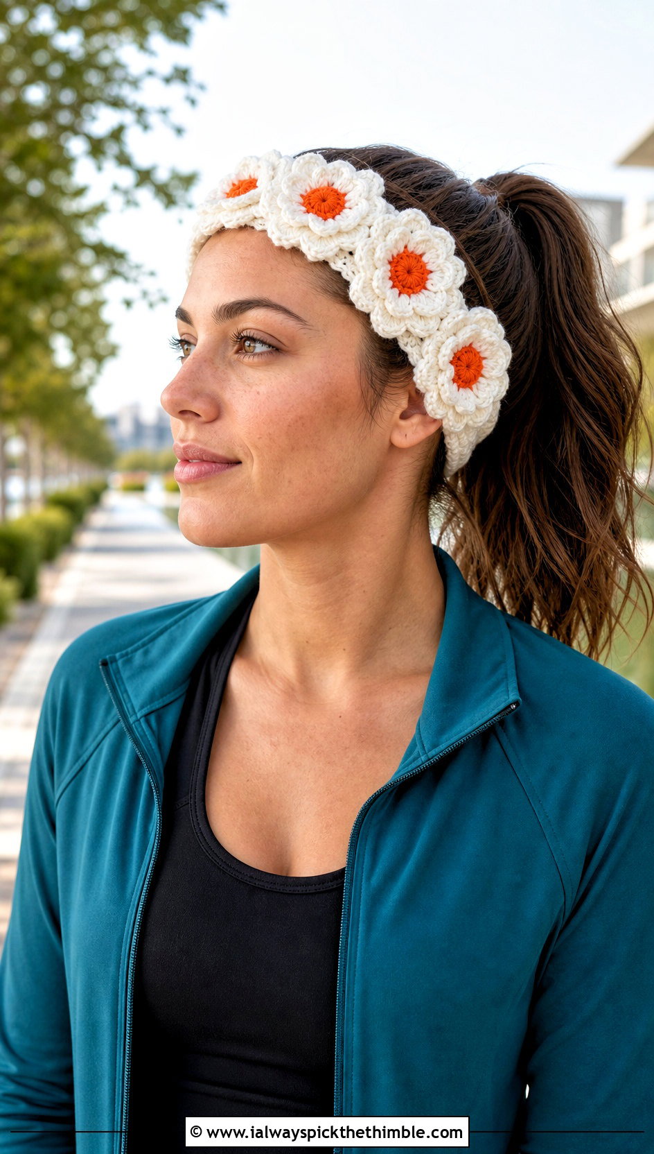 White Sunflower Stretch Headband With Athleisure - 15 white crocheted flower headband outfit ideas