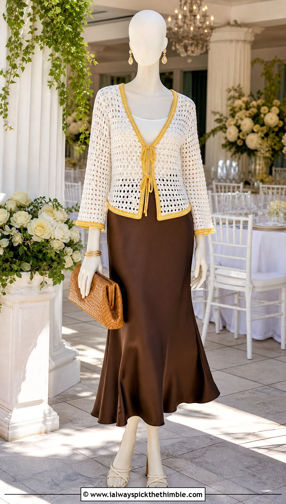 White Tie Front Crochet Cardigan With Satin Skirt - 15 White Crochet Cardigan On Mannequin outfit ideas