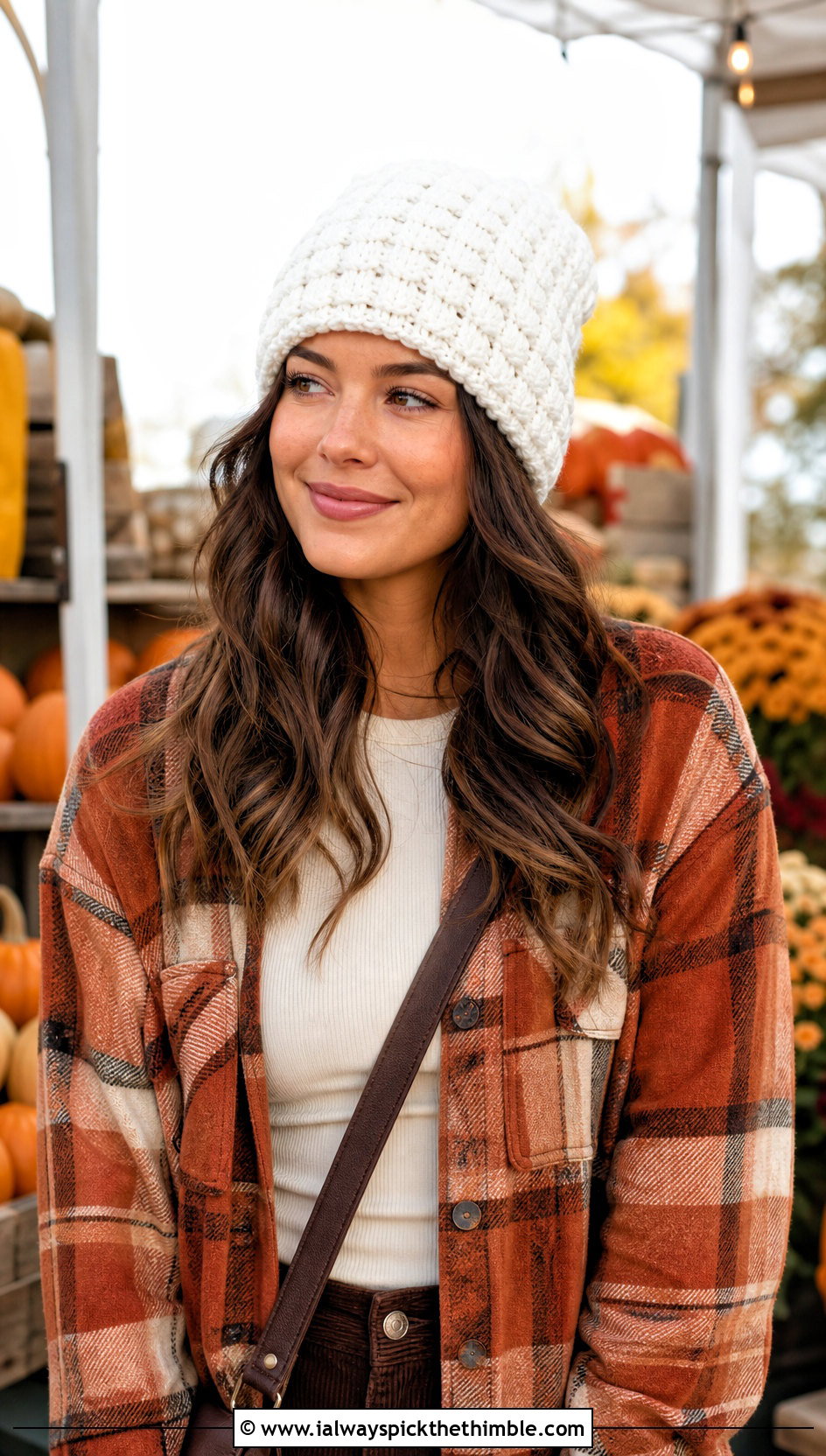 White Waffle Stitch Crochet Beanie With Shacket And Corduroy Pants - 25 white crochet beanie outfit ideas