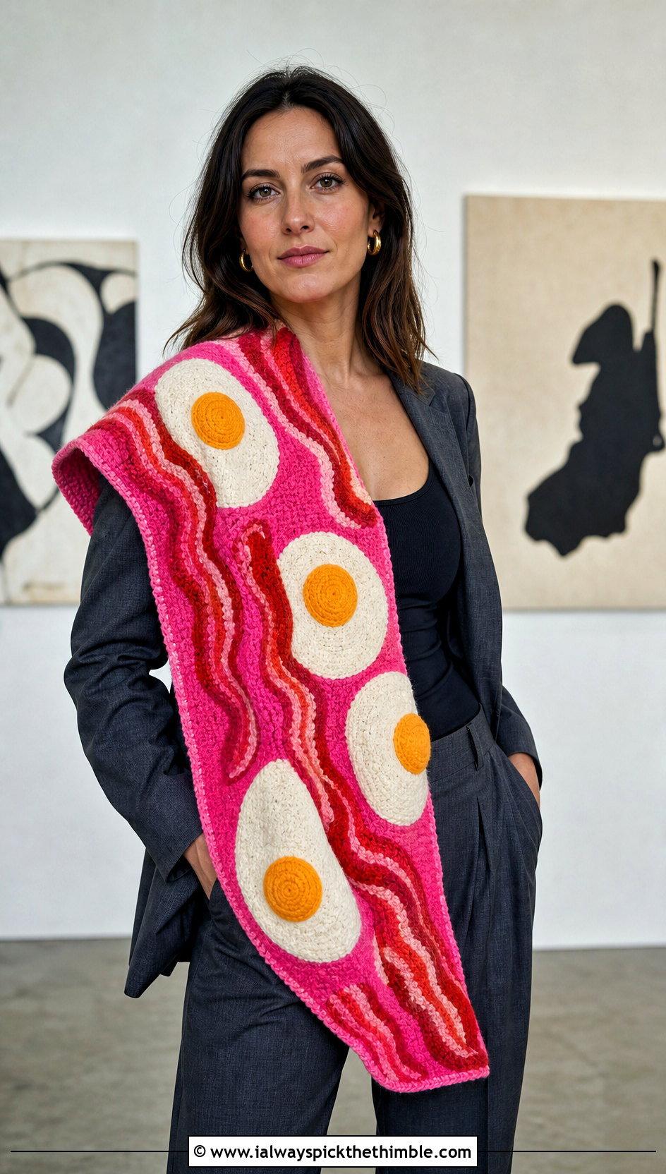 Wide Bacon And Eggs Scarf With Tailored Suit - 20 Crochet Bacon And Eggs Scarf outfit ideas