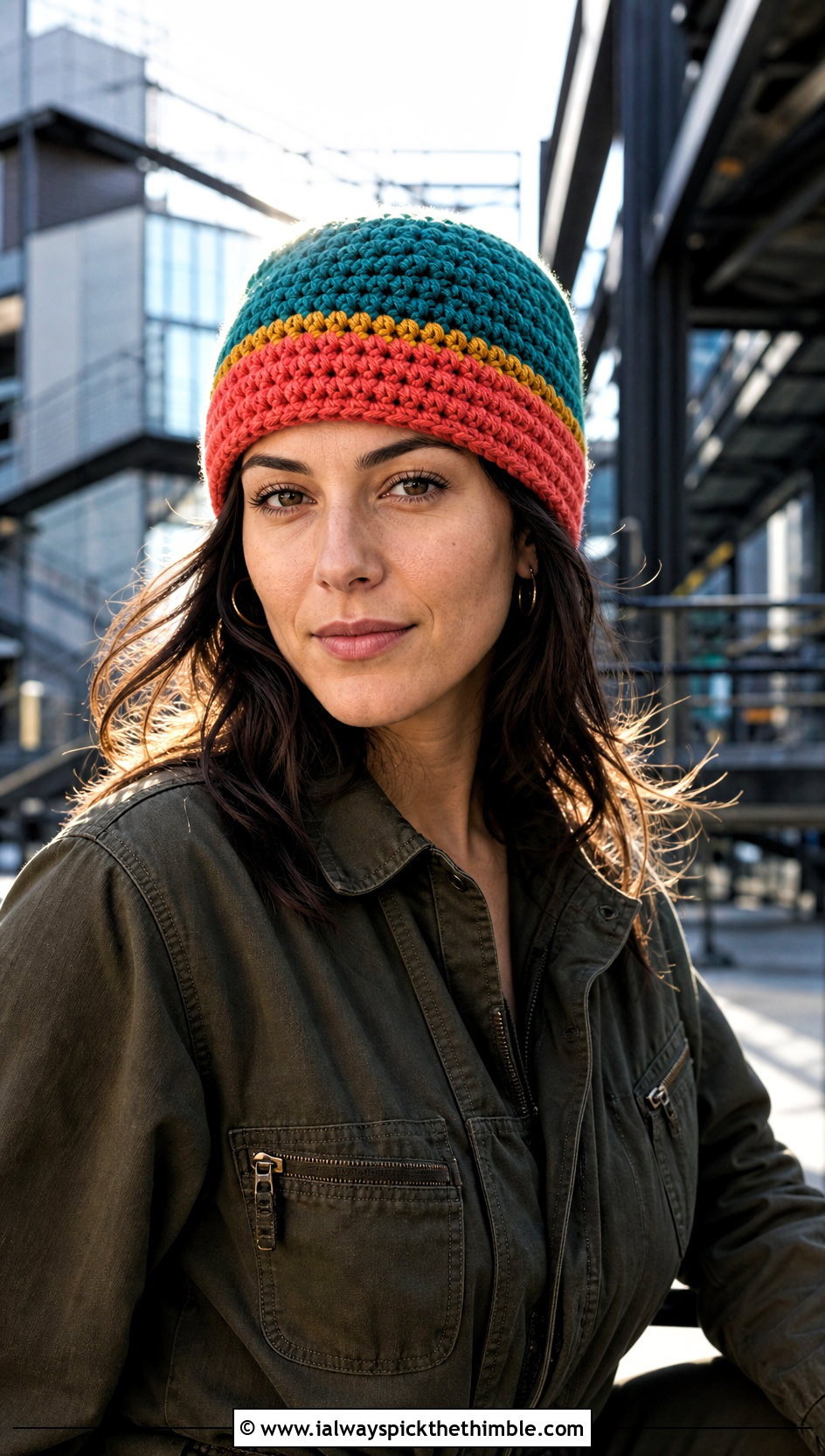 Wide Band Color Block Crochet Beanie With Utility Jumpsuit And Combat Boots - 20 Color Block Crochet Beanie outfit ideas