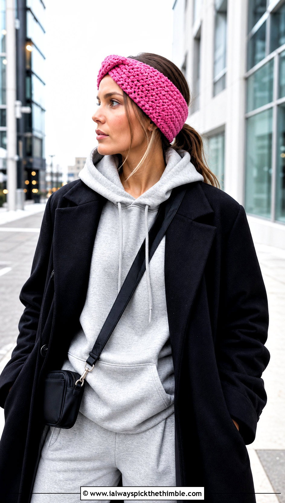 Wide Band Crochet Twisted Ear Warmer With Hoodie And Joggers - 25 crochet twisted ear warmer outfit ideas