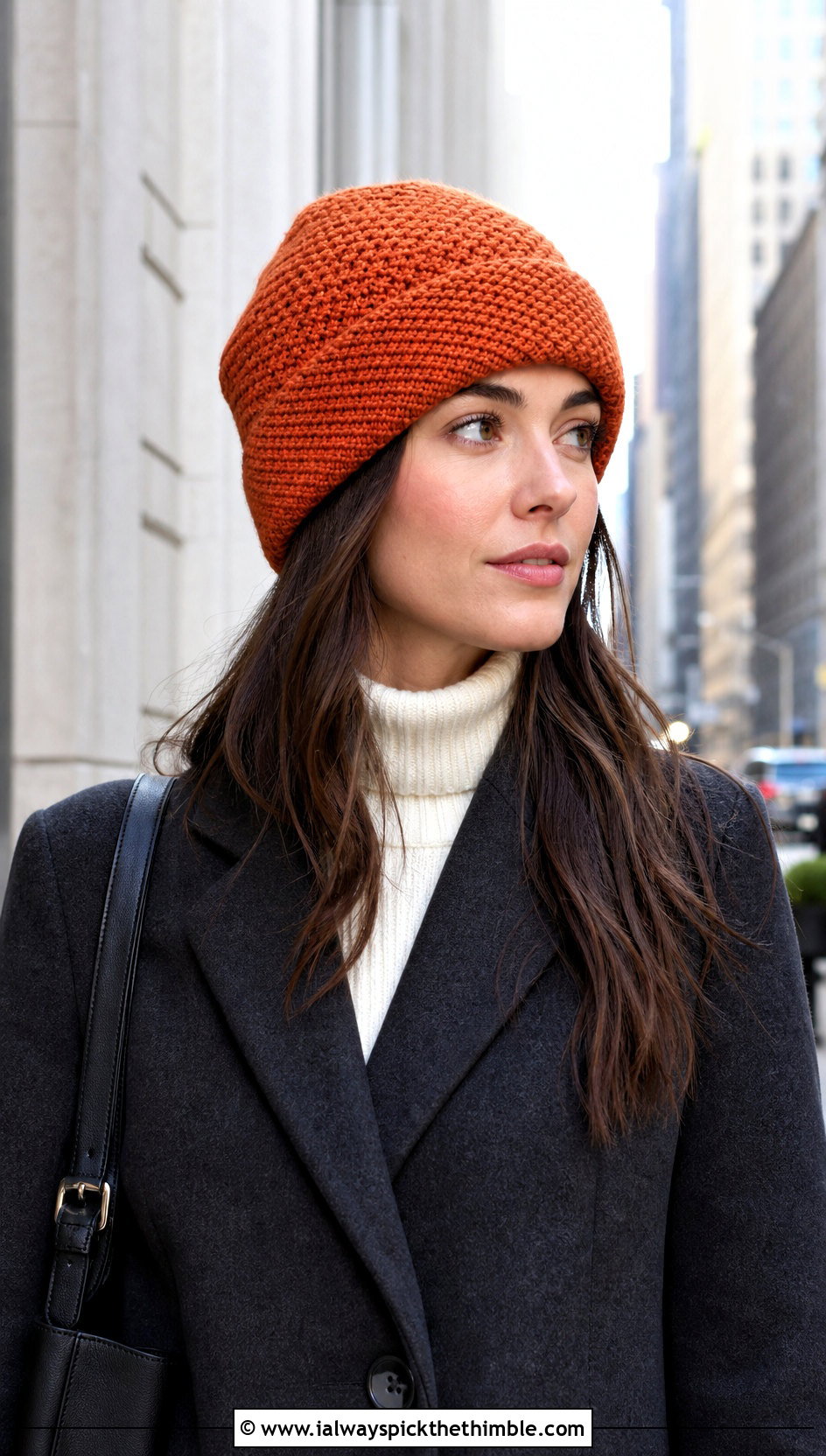 Wide Band Moss Stitch Beanie With Wool Coat - 20 Crochet Moss Stitch Hat outfit ideas