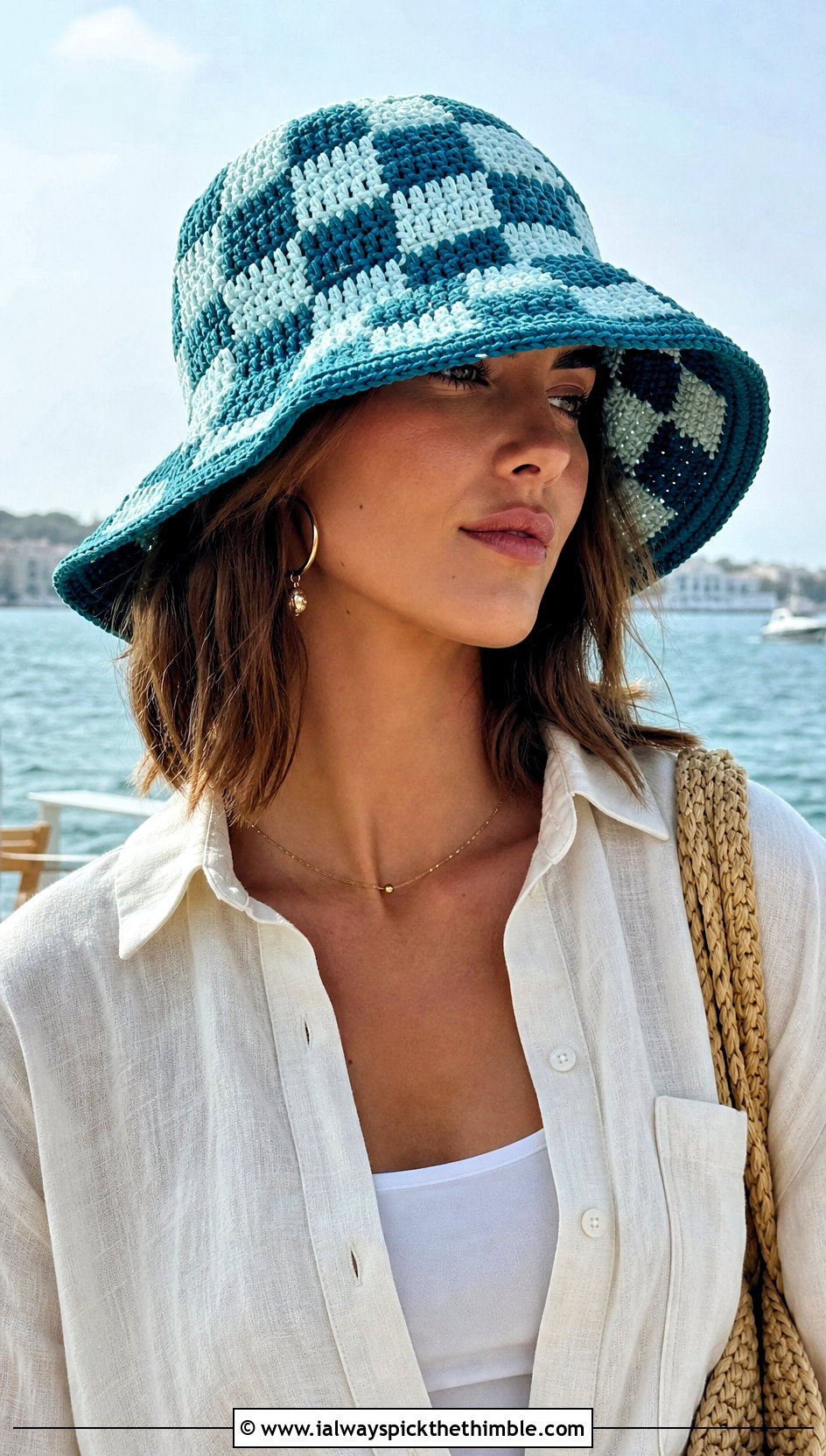 Wide Brim Checkerboard Crochet Bucket Hat With Linen Set - 20 checkerboard crochet bucket hat outfit ideas