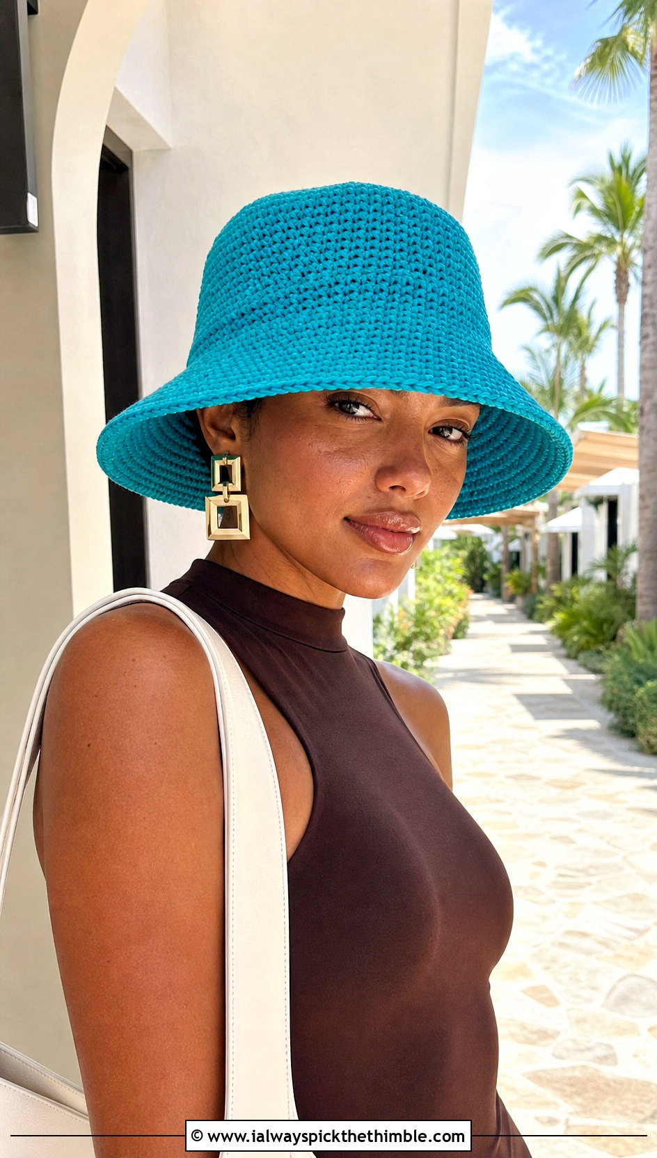 Wide Brim Crochet Bucket Hat With Column Dress - 25 crochet bucket hat outfit ideas
