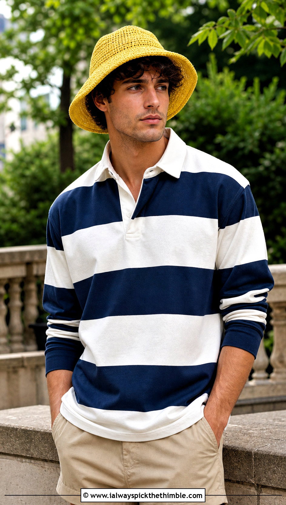 Wide Brim Crochet Bucket Hat With Rugby Shirt And Chino Shorts - 25 men crochet bucket hat outfit ideas
