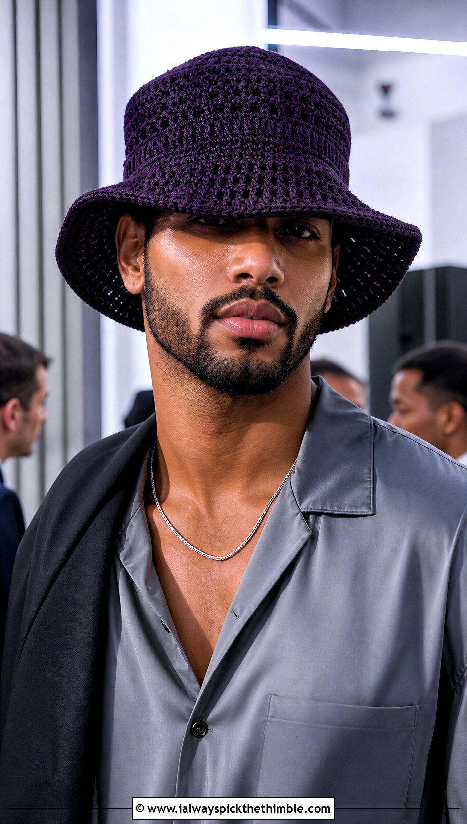 Wide Brim Crochet Bucket Hat With Satin Shirt And Black Trousers - 15 men's crochet bucket hat outfit ideas