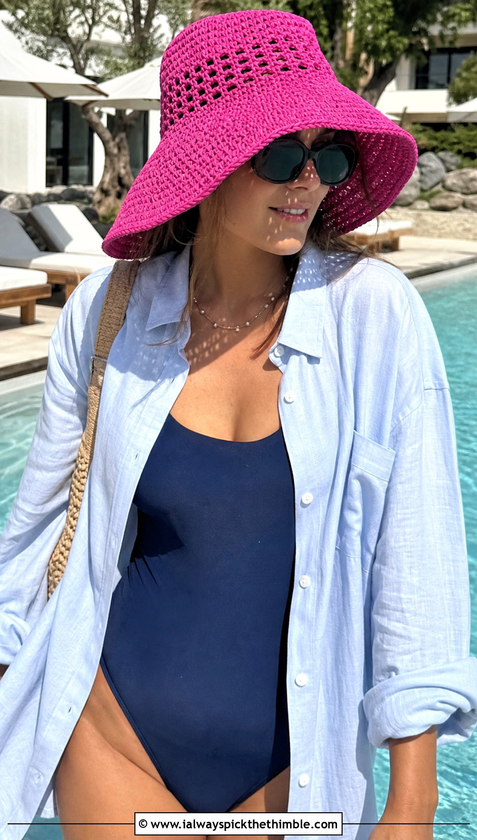 Wide Brim Crochet Bucket Hat With Swimsuit And Linen Shirt - 20 Crochet Cute Bucket Hat outfit ideas