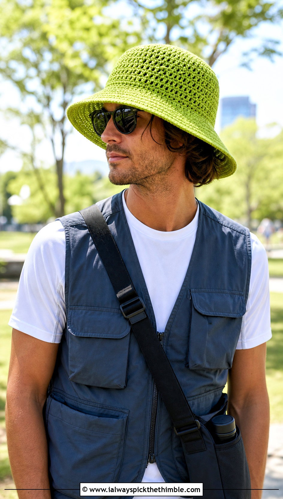 Wide Brim Crochet Bucket Hat With Utility Vest And Nylon Shorts - 20 crochet bucket hat men outfit ideas