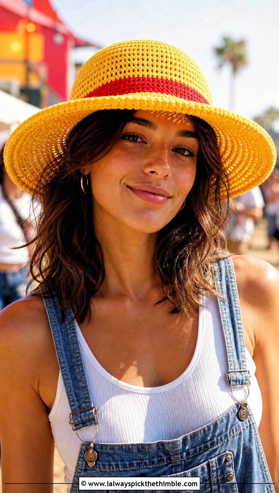 Wide Brim Crochet Luffy Hat With Denim Overalls - 15 Crochet Luffy One Piece Hat outfit ideas