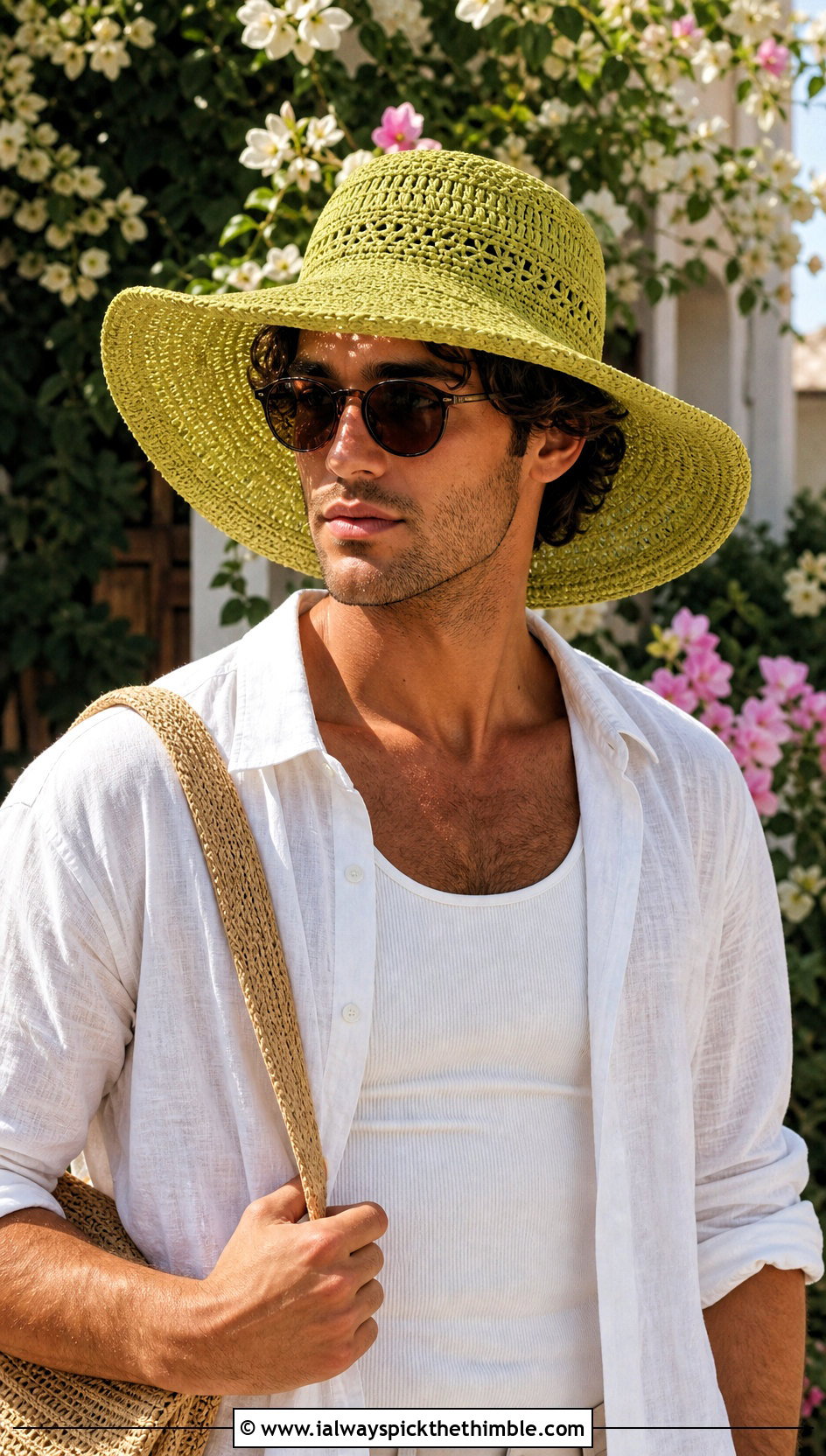 Wide Brim Crochet Sun Hat With Linen Outfit - 25 crochet hats for men outfit ideas