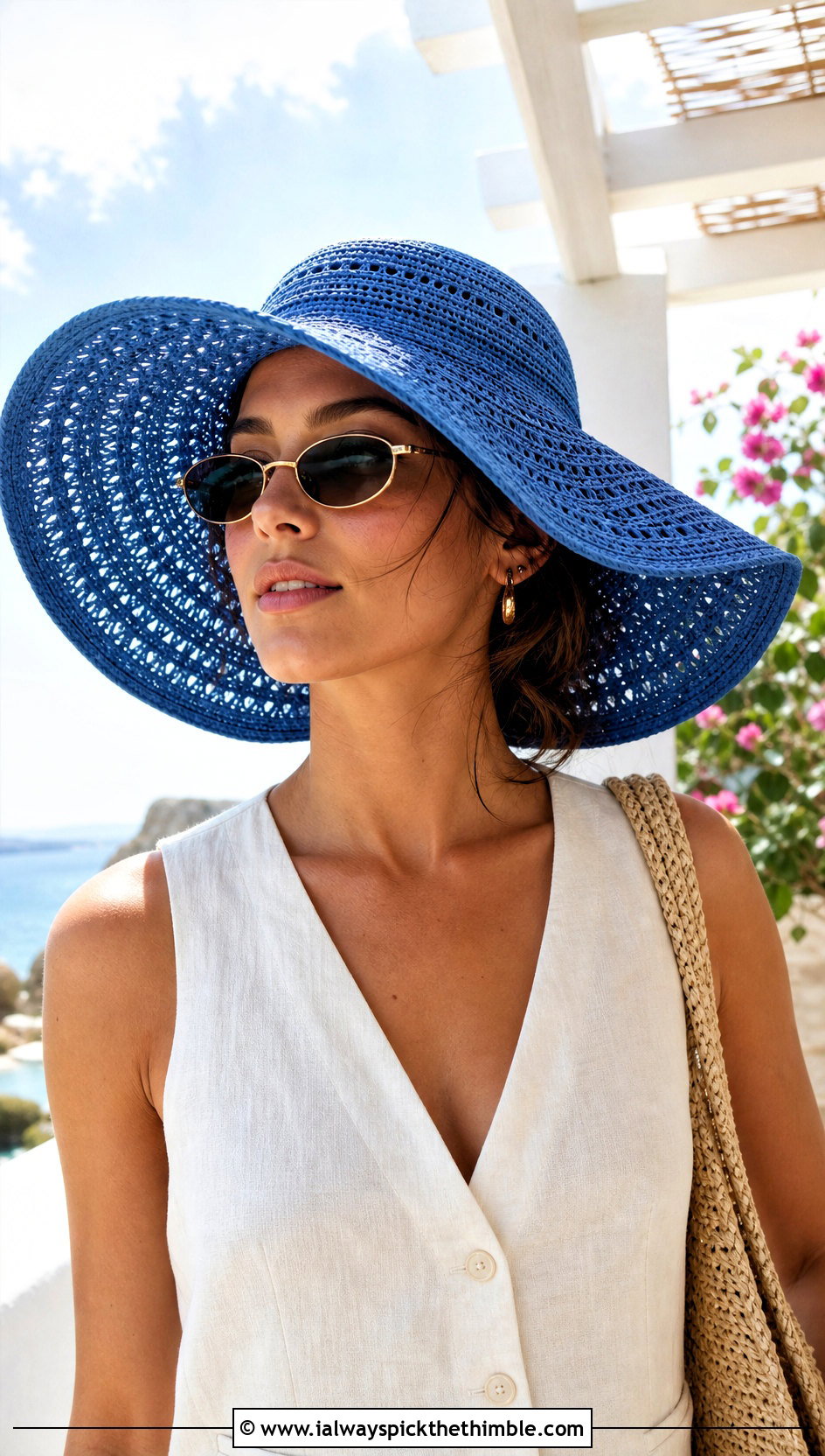 Wide Brim Crochet Sun Hat With Linen Vest Set - 20 easy crocheted hats outfit ideas