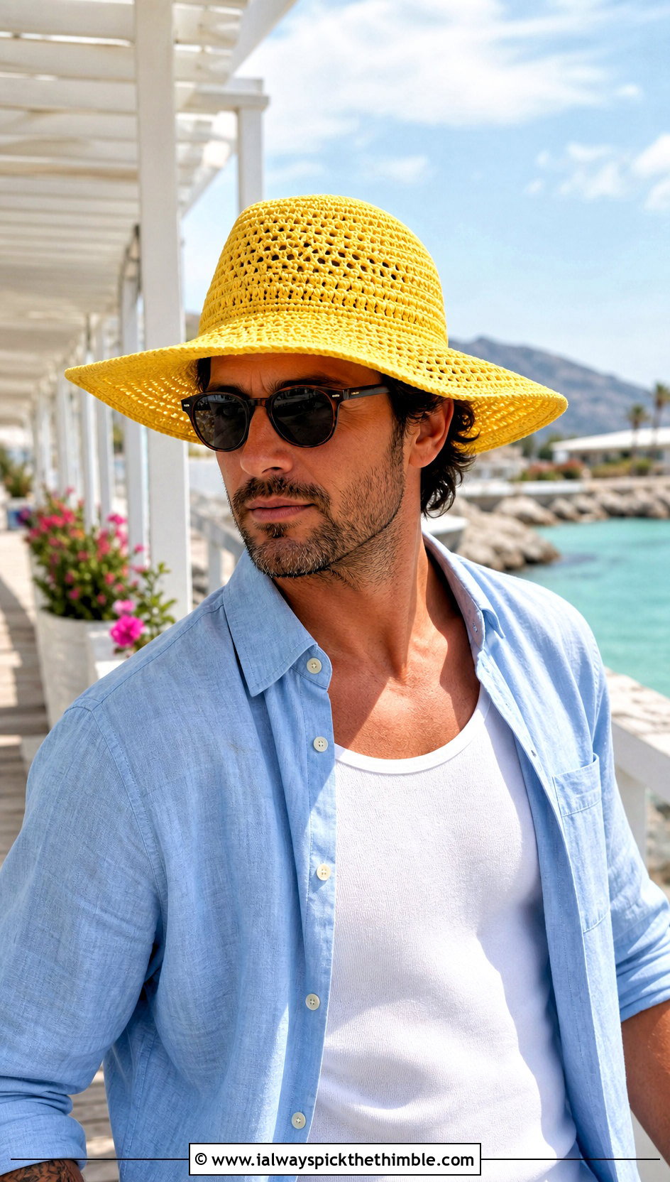 Wide Brim Crochet Sun Hat With Resort Outfit - 15 Unique Crochet Men Hat outfit ideas