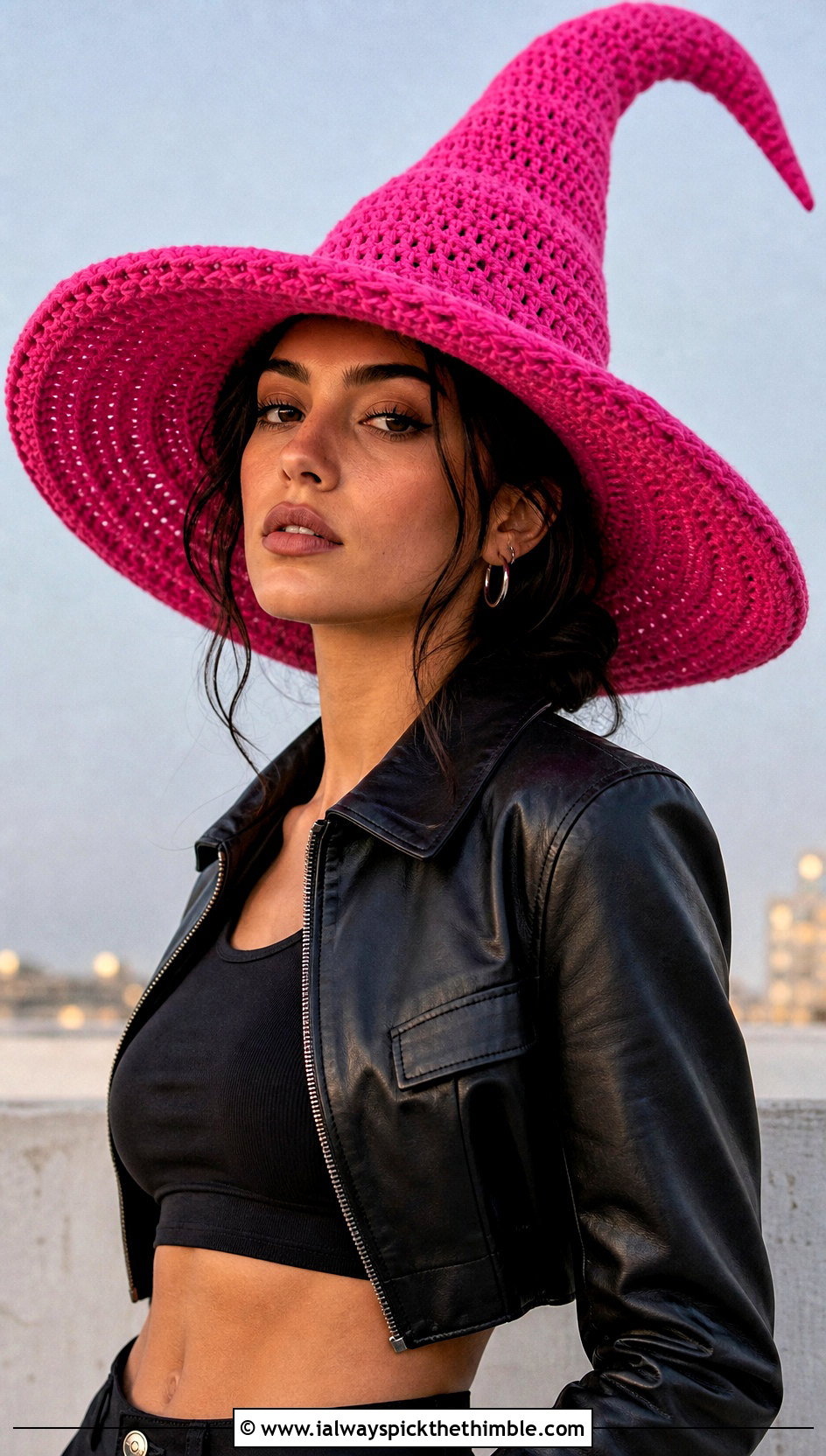 Wide Brim Crochet Witch Hat With Leather Jacket - 25 crochet witch hat outfit ideas