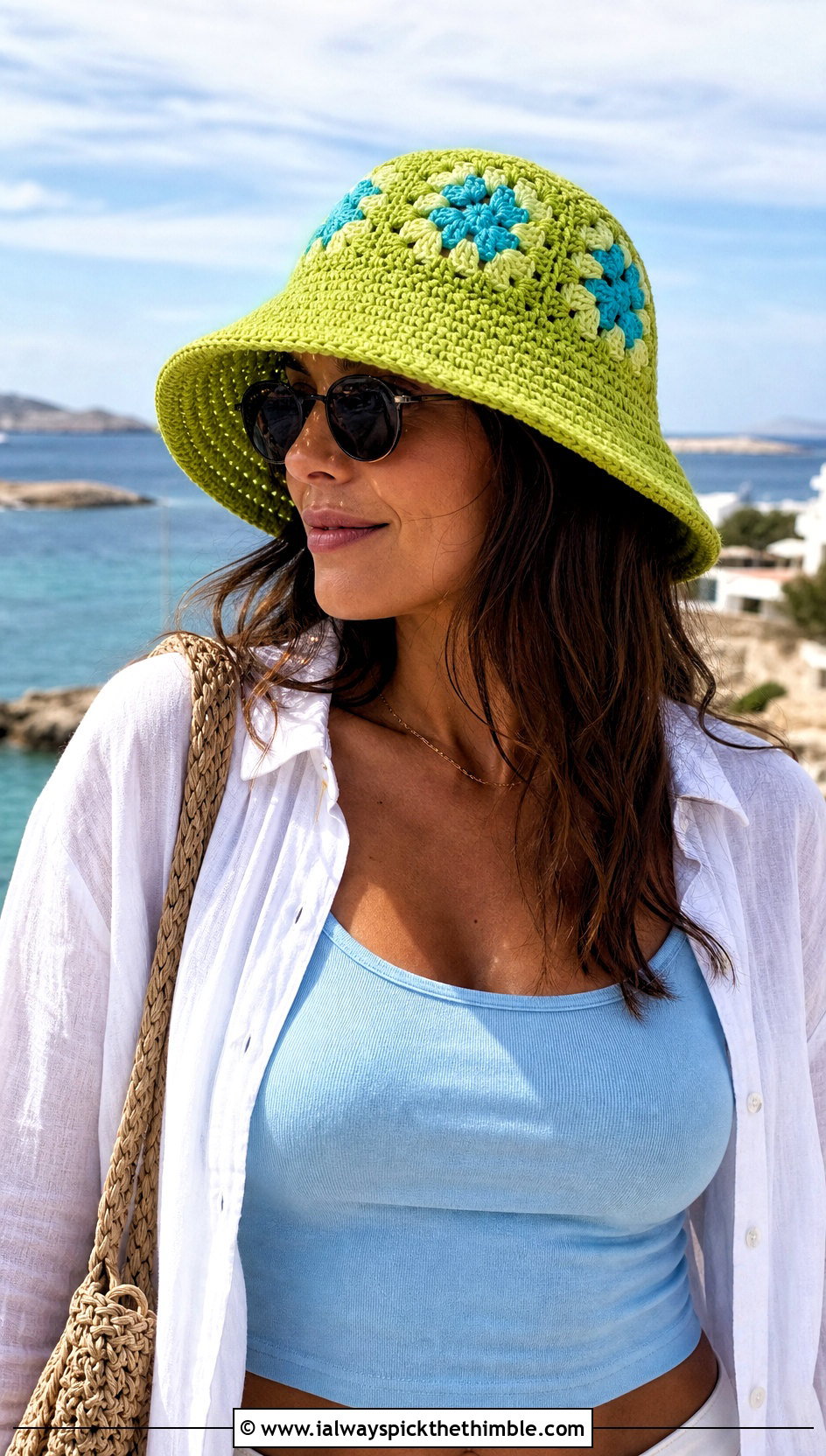 Wide Brim Granny Square Bucket Hat With Linen Outfit - 15 Crochet Granny Square Bucket Hat outfit ideas