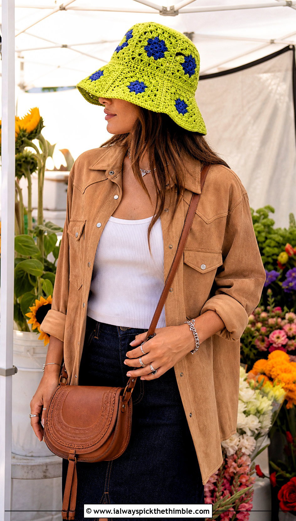 Wide Brim Granny Square Bucket Hat With Western Denim - 20 granny crochet bucket hat outfit ideas