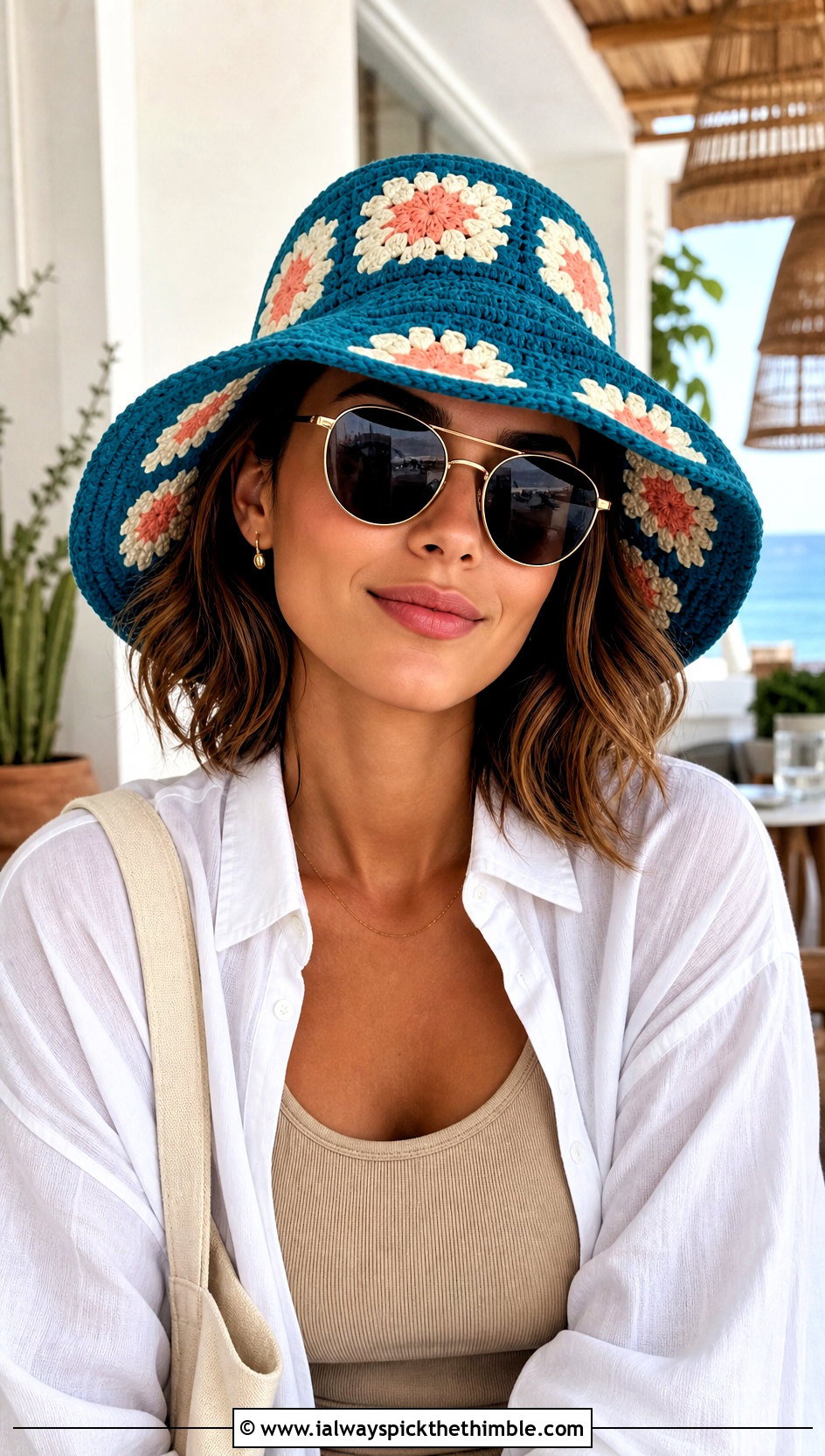 Wide Brim Granny Square Hat With Shirt And Shorts - 20 Easy Crochet Granny Square Hats outfit ideas