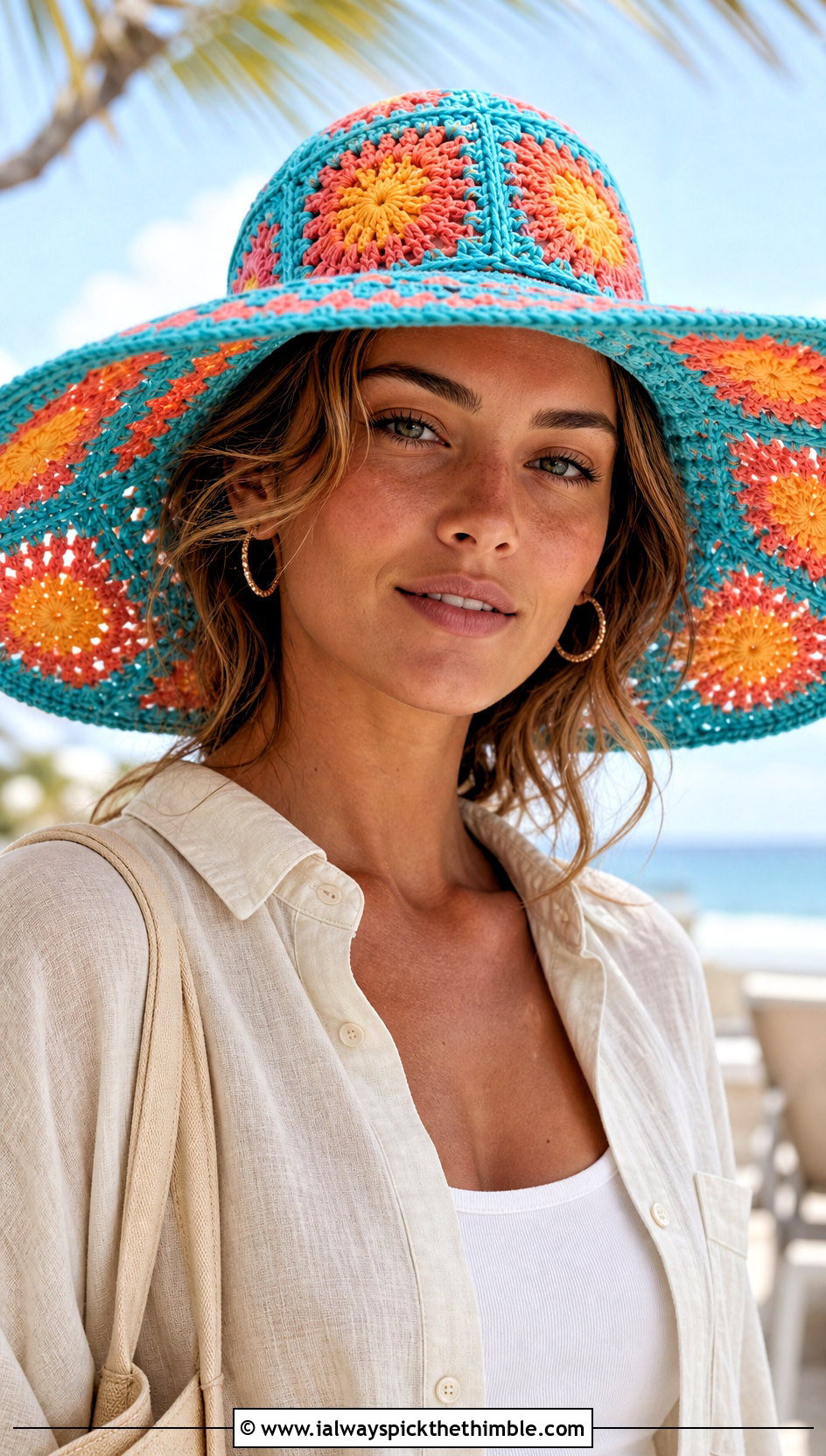 Wide Brim Granny Square Sun Hat With Linen Set - 20 Granny Crochet Hat outfit ideas